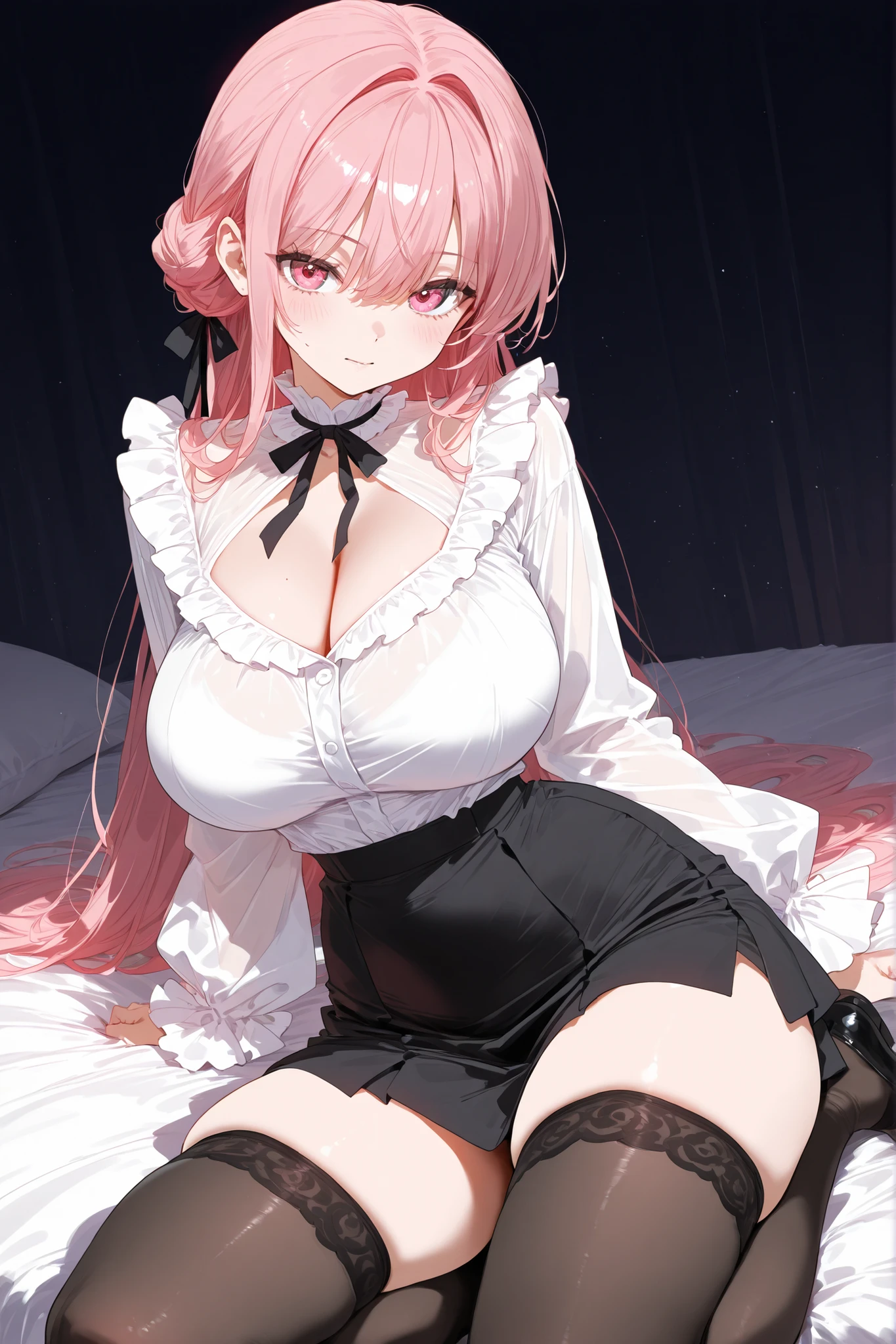 1girl, wearing white tight dress, big breast, pink hair, twintail, black ribbon, bedroom, sleepy pose, super happy