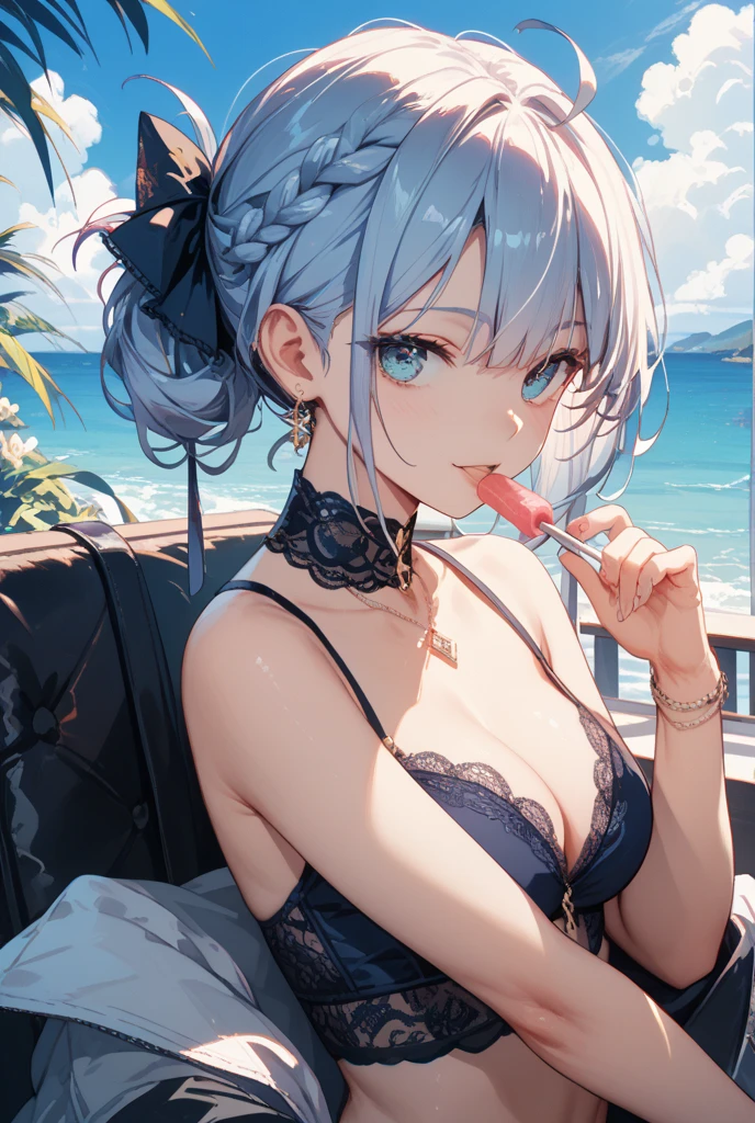 (masterpiece, best quality:1.5), (ultra detailed, high resolution, 8k, beautiful detailed, UHD, best anatomy), 1 cute girl, white hair, medium breasts, lick one's lips at a bar of ice cream