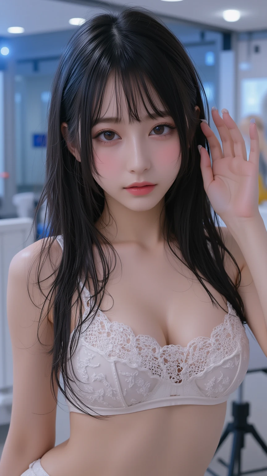exquisite face,Elaborate Eyes,Wet sheer shirt open,Small breasts、no underwares、Black head、adolable,The upper part of the body、The mouth opens in an O-shape