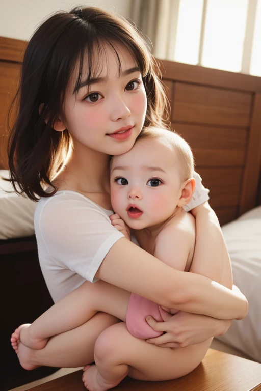 Young mother and teenage son, Have similar characteristics.,naked, Love each other.,,bedroom,on the bed,The son licks his mother&#39;s pussy.