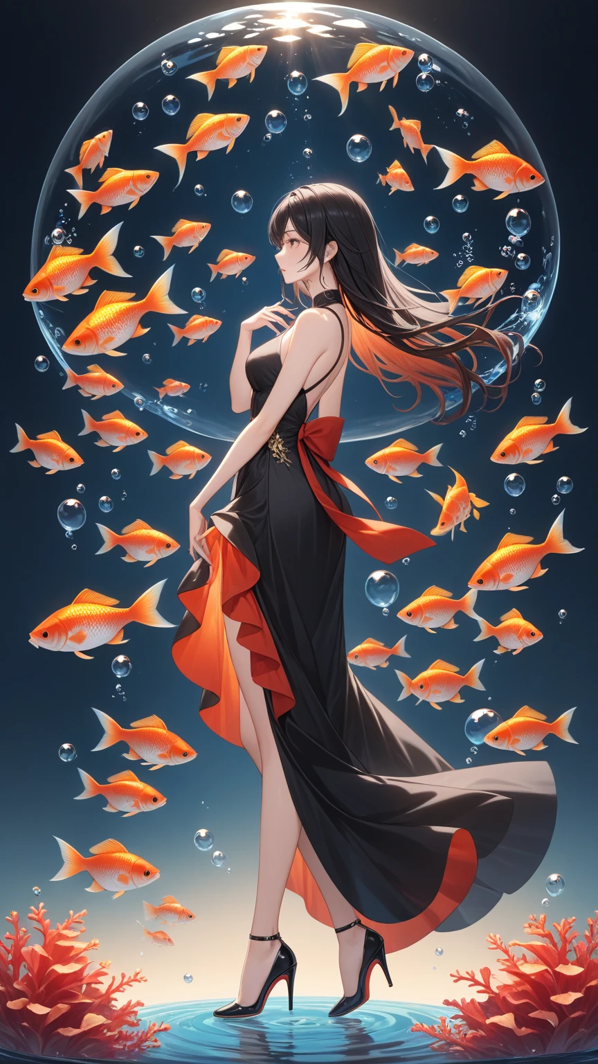 Perfect centralization, Fantastic black goldfish, Delight, Standing position, beleza abstrata, centro, looking at the camera, Facing the camera, nearing perfection, Dynamic, altamente detalhado, liso, foco nítido, 8k, A high resolution, illustration, arte de Carne Griffiths e Wadim Kashin, Personagens de Goldfish, A background with distinct features, Fundo com a cor dos fragmentos, tons vívídos |, Fundo da nebulosa de tinta, 17 year old girl with sexy appearance, fleshy lips, Paraguai, brasileiro, olhos cor de mel, cabelos morenos, longo e bonito, Fantastic short black skirt, The Shape of the Athletic Physique, extremamente detalhado,