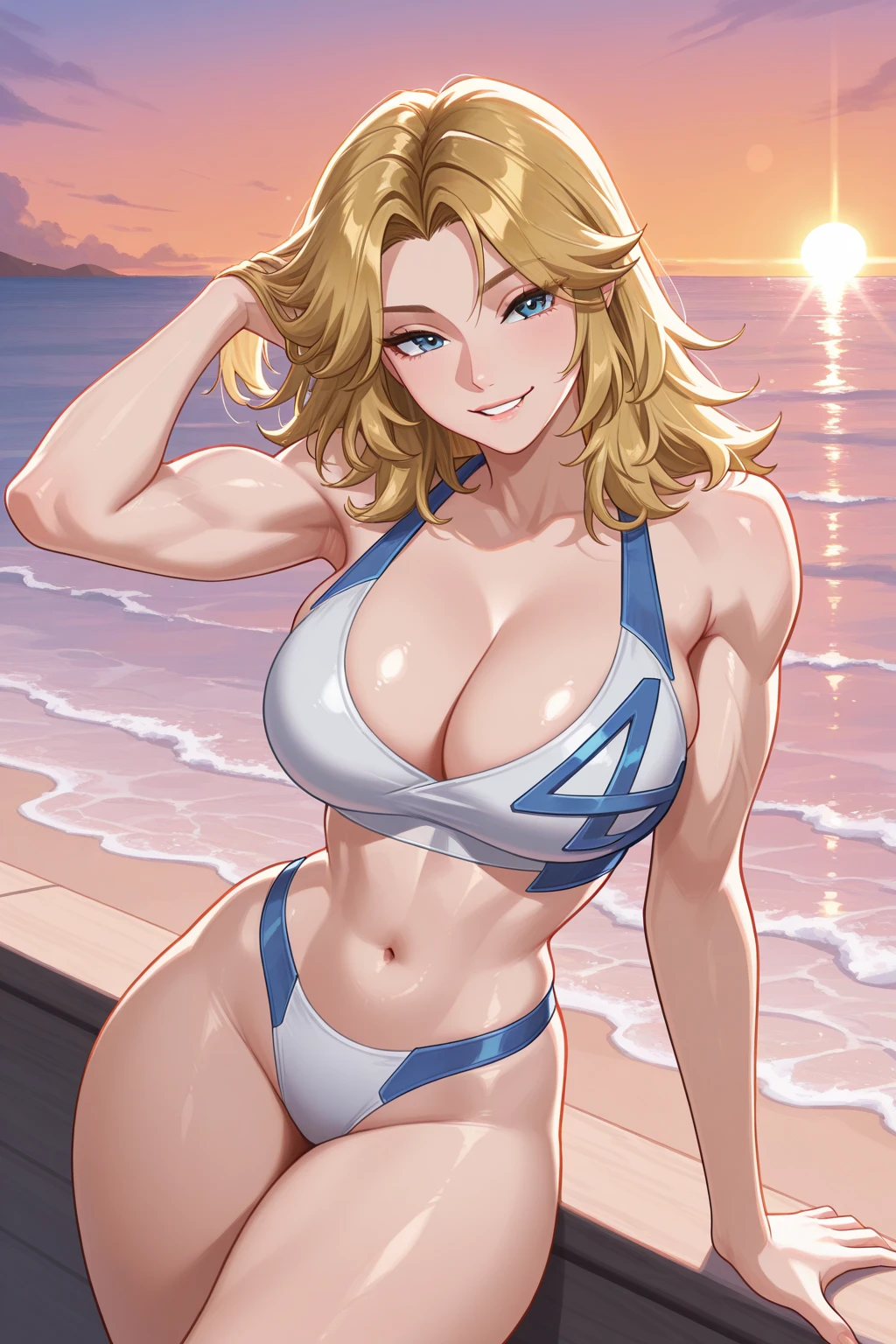 Sensual, Long blonde hair, Thick thighs, 8k, 4K, Highest quality, High resolution:1.2), Cute anime face, Noise Reduction, Sparkling blue eyes, A kind smile, Kind eyes、Toned Abs, Muscular arms, Muscular legs, Young Face, Anime Eyes, (((Big Breasts、A chest that's about to burst)))、(((Bondage Style)))、(((Rear View、I turn around、Accentuate your butt、Thongs that dig into your butt)))、(((Full Body Style)))