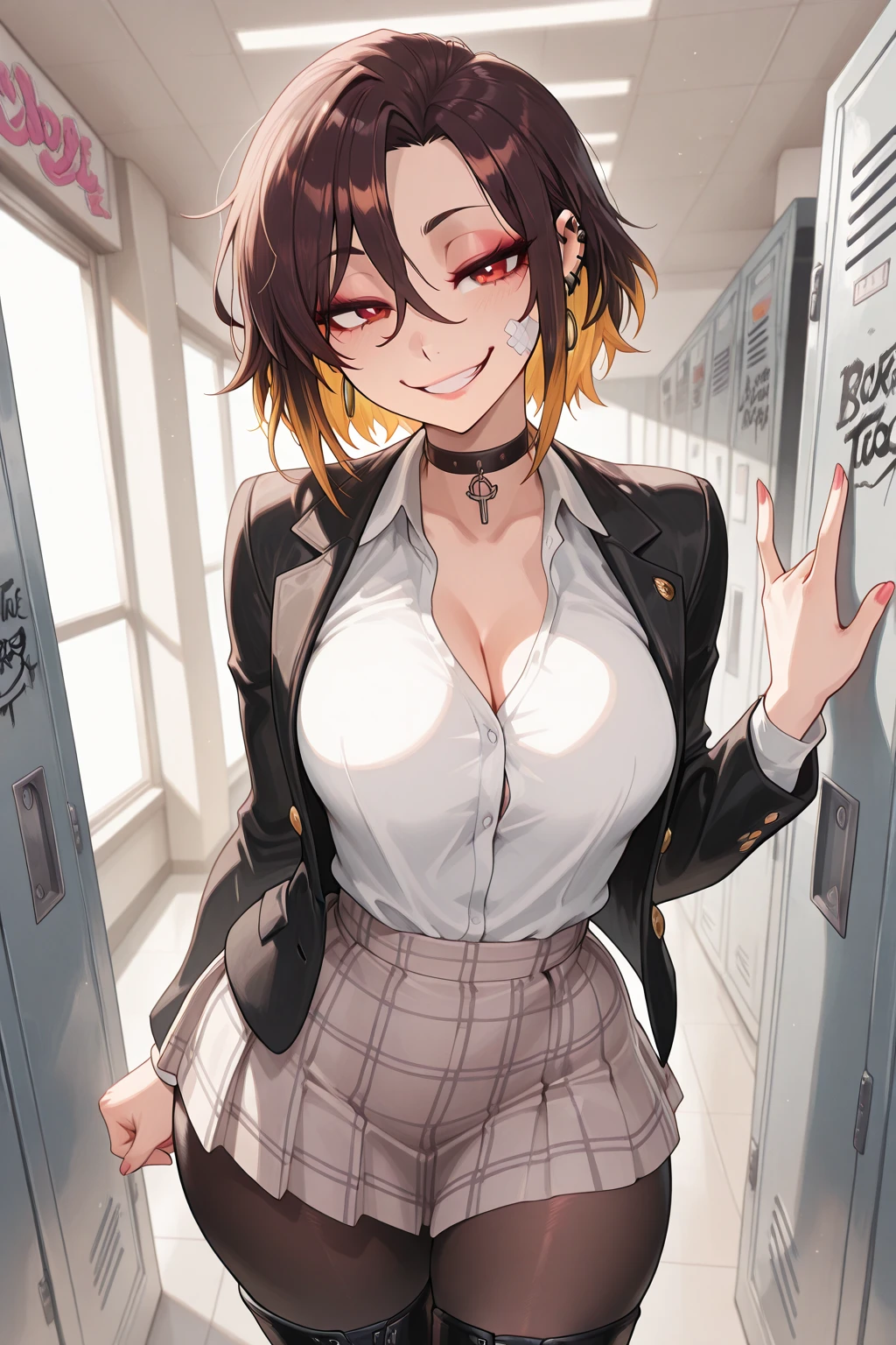 1girl, curvaceous, thick thighs, wide waist, slender waist, upper body, watch viewer, cowboy shots,young, cleavage, necklace, big, open mouth, red hair, uniform, short cut, knee socks, brown, sister, arms crossed, grin, yellow eye, building, classroom, black clothes, plump
