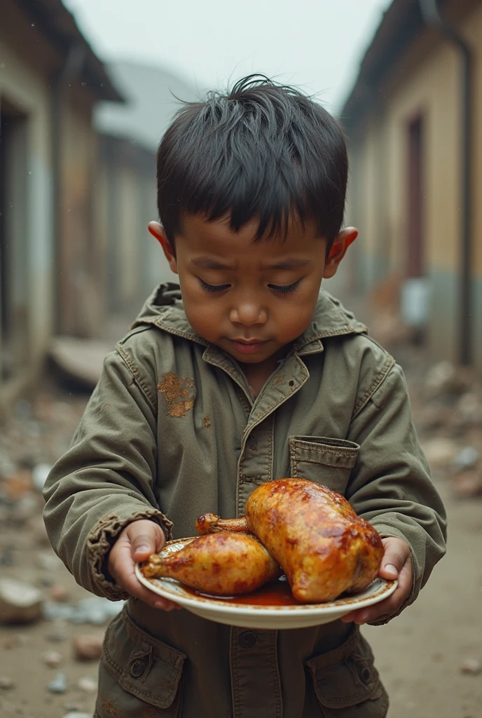 Homeless boy eating sweet bread that was given to him 