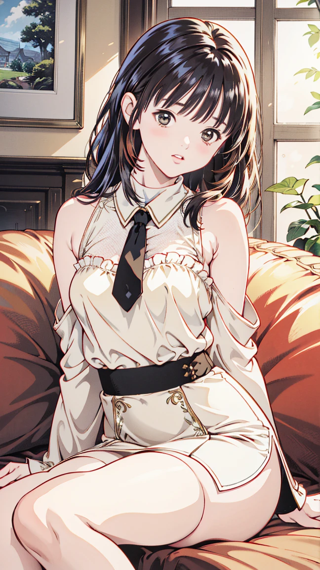 (table top, highest quality, High resolution, , perfect pixel, 4k,), 1 girl, single, alone, Beautiful woman、I could see the whole body、 ((wavy middle hair, bangs, brown hair)), ((brown eyes, beautiful eyelashes, realistic eyes)), ((detailed face, blush:1.2)), ((smooth texture:0.75, realistic texture:0.65, realistic:1.1, Anime CG style)), medium breasts, dynamic angle, perfect body, ((, beige off shoulder sweater、Tight denim skirt、black stockings、cute necklace、earrings、)), upper grade、shy smile、Luxury hotel room、sleep on your back in bed、((open legs))、angle from below、Put your arms together to accentuate your cleavage、、((Pink lace panties are visible))、