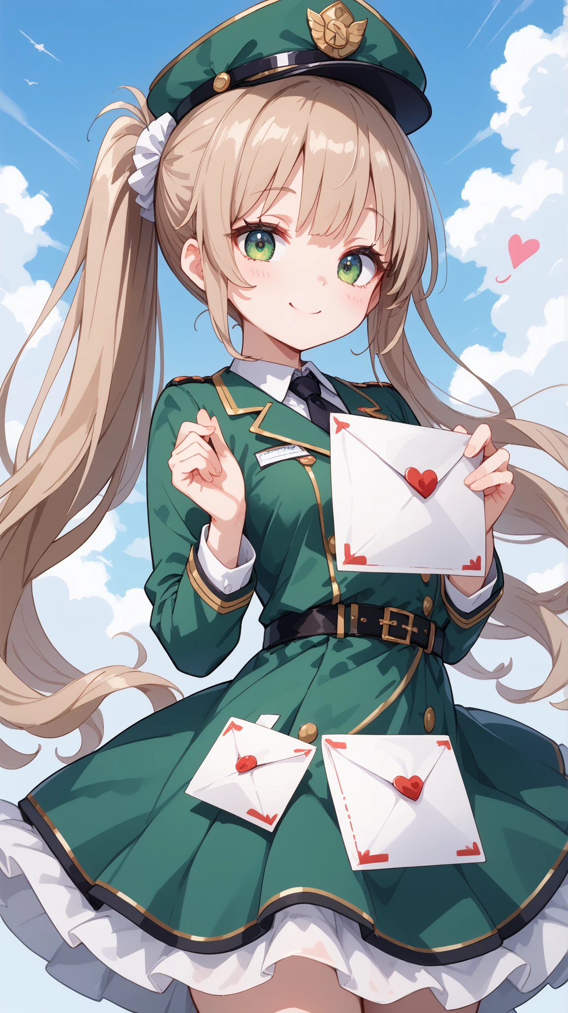 light brown hair , Bangs, 1 female , beautiful face,Long hair,Double Ponytail,Shining smile , Cute messenger , light brown hair ,Mailing dress ,Green dress ,transmit,Postman hat,Main, Respect pose , Letter flow ,Stunning composition,is imaginative,jumps in its original place,Jump in place with envelope,Confession,blue sky white clouds background