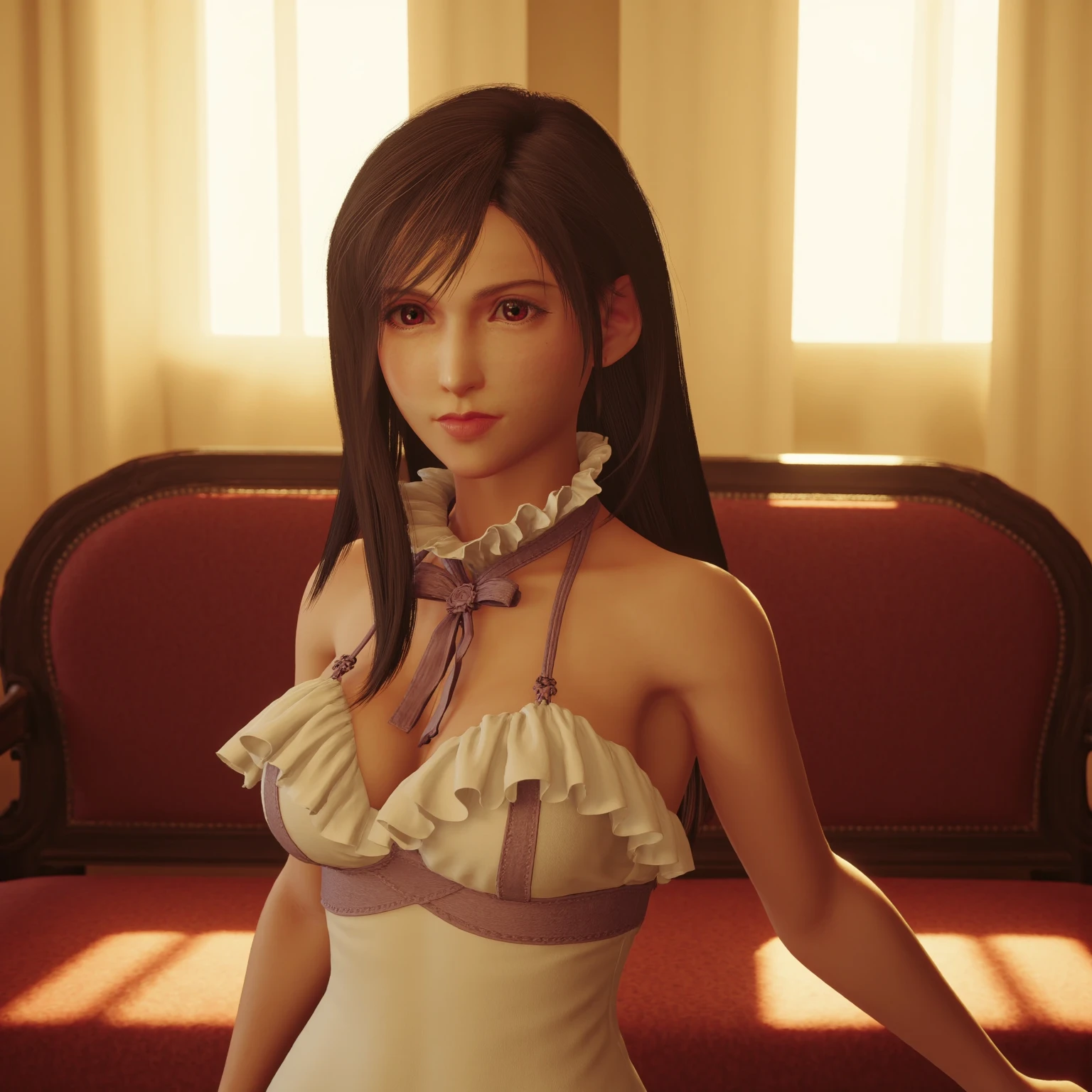 4k shot, ultra clear shot, front view shot, Aerith in velvet green mini dress, upper body shot, standing indoors,  <lora:Aerith-TestVersion:1>