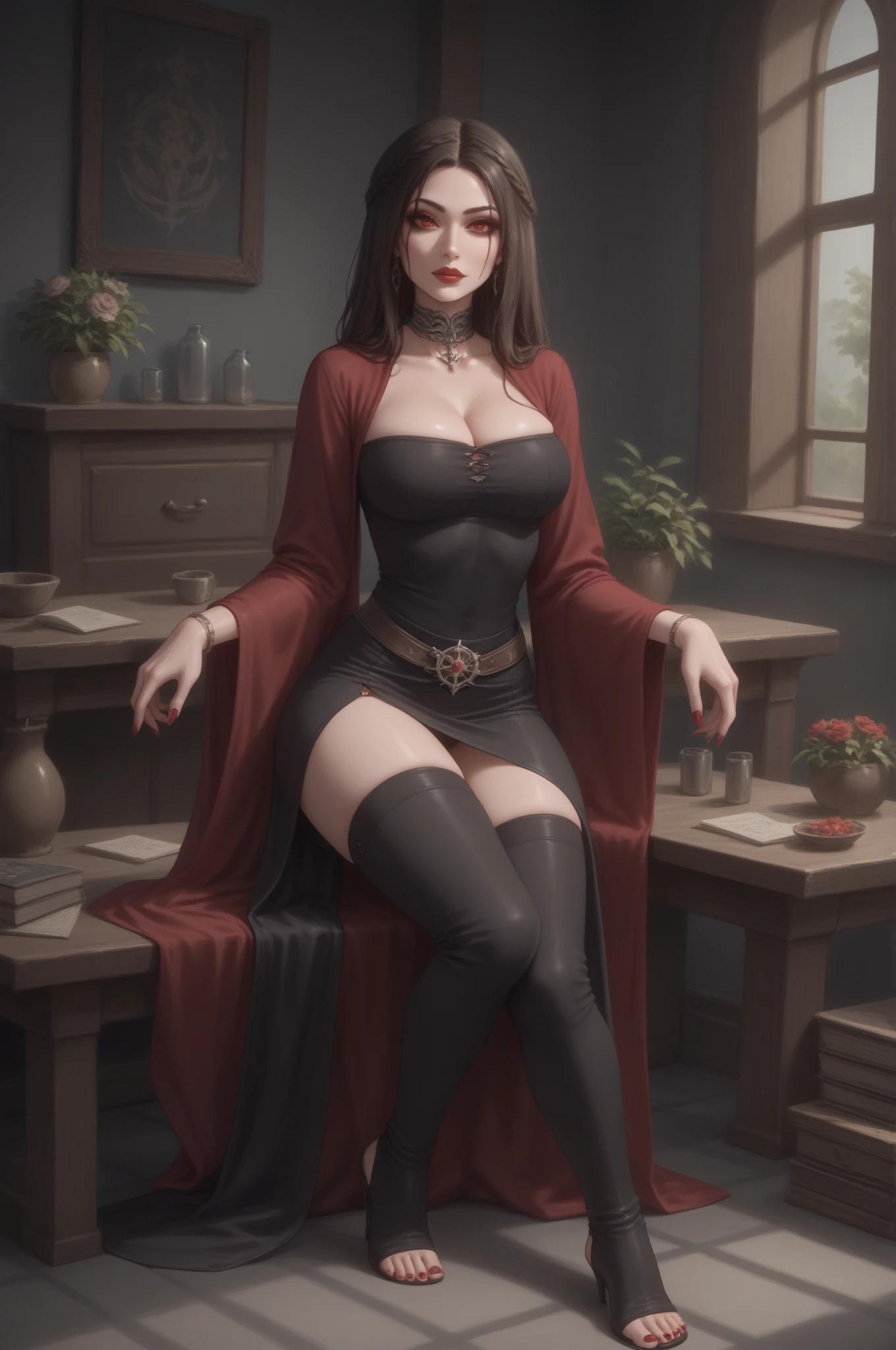 NSFW, Masterpiece, 4K, HDR, 1girl, Solo, Older Girl, IncrsLunarPrincessRanni, red hair, dress, long sleeves, cape, Gothic Library , Sitting, Cross legged <lora:LunarPrincessRanni:0.9> <lora:Ara_Ara_Onee-san Mix:0.6>