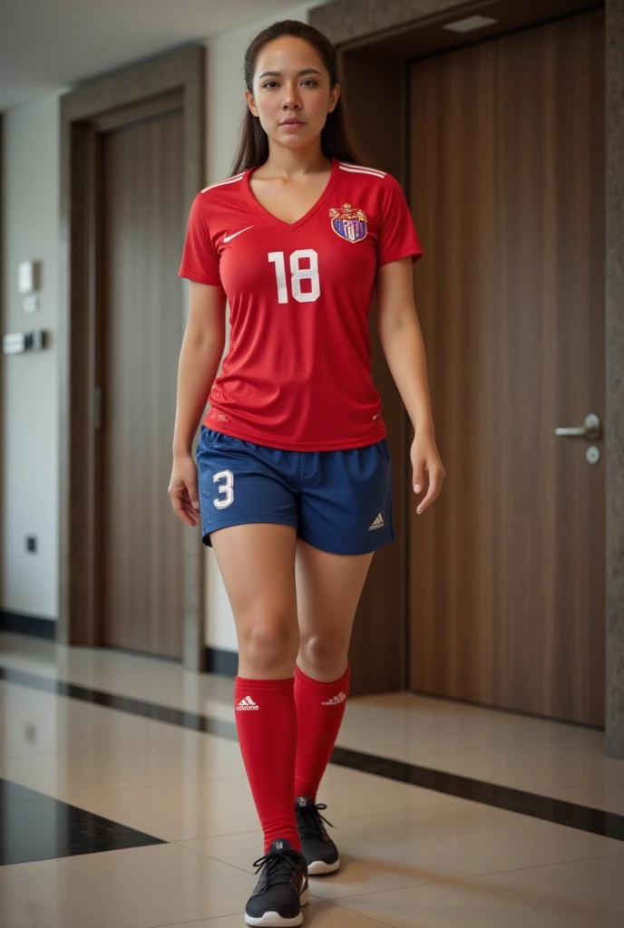 A teenager throws a soccer ball and wears a plain red jersey