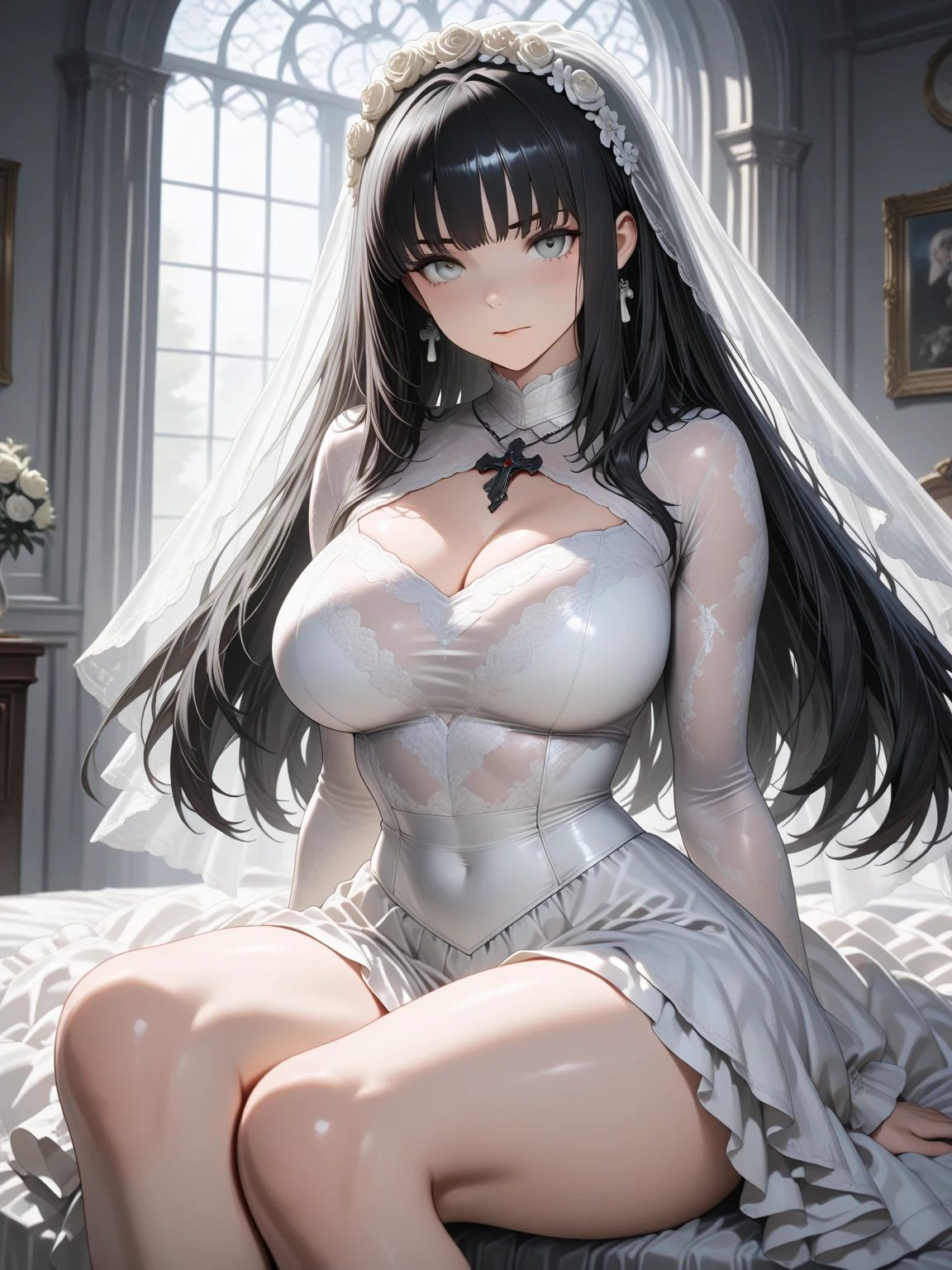 Hands on knees,Jacket with puffy shoulders,closed dmouth,Pearl blonde hyper long hair,Smile,Full body depiction on screen, The body is constricted by very small and tight clothes,super small and tight clothes,Full body depiction on screen,Very detailed embroidery sewn into the chest area,Shoulder pads bulge, Translucent costume　 Tiara in bangs　Wet lips　A lot of saliva overflows from the lips　Sweating profusely　adult　Reality　Mucus is stringy　Wet hair　Sweaty　Canopy Bed Background　Blush cheeks with embarrassment 　Spots々A dirty dress　Wet and transparent white long gloves　Wet and transparent white long skirt　She is wearing a wet, see-through white high-necked wedding dress.　Wearing pantyhose　See-through　See-through　Wet　Drooling profusely　My whole body is wet from the rain　　全てWet とても大きな胸部　Very distended chest　Very large chest swelling　　Two very large bulges on his chest　The whole body fits on the screen　Blushed cheeks　Small Mouth　Sweaty skin　Rain-soaked skin　Clothes stick tightly to the skin　Clothes that are wet and transparent from the rain　衣服が汗で濡れてSee-through　Glossy skin　Clothing has a rubbery sheen　Smile　Embarrassed expression　A very dark room in the middle of the night　Baby Face　clear　Can憐　beautiful girl　sitting on hot pink rubber bed　A lot of ribbons are sewn into the clothes　濡れて透けたラバーショッキングピンクSee-throughハイネックロングお姫様ドレス　Can　Wet and transparent rubber pearl white full bodysuit