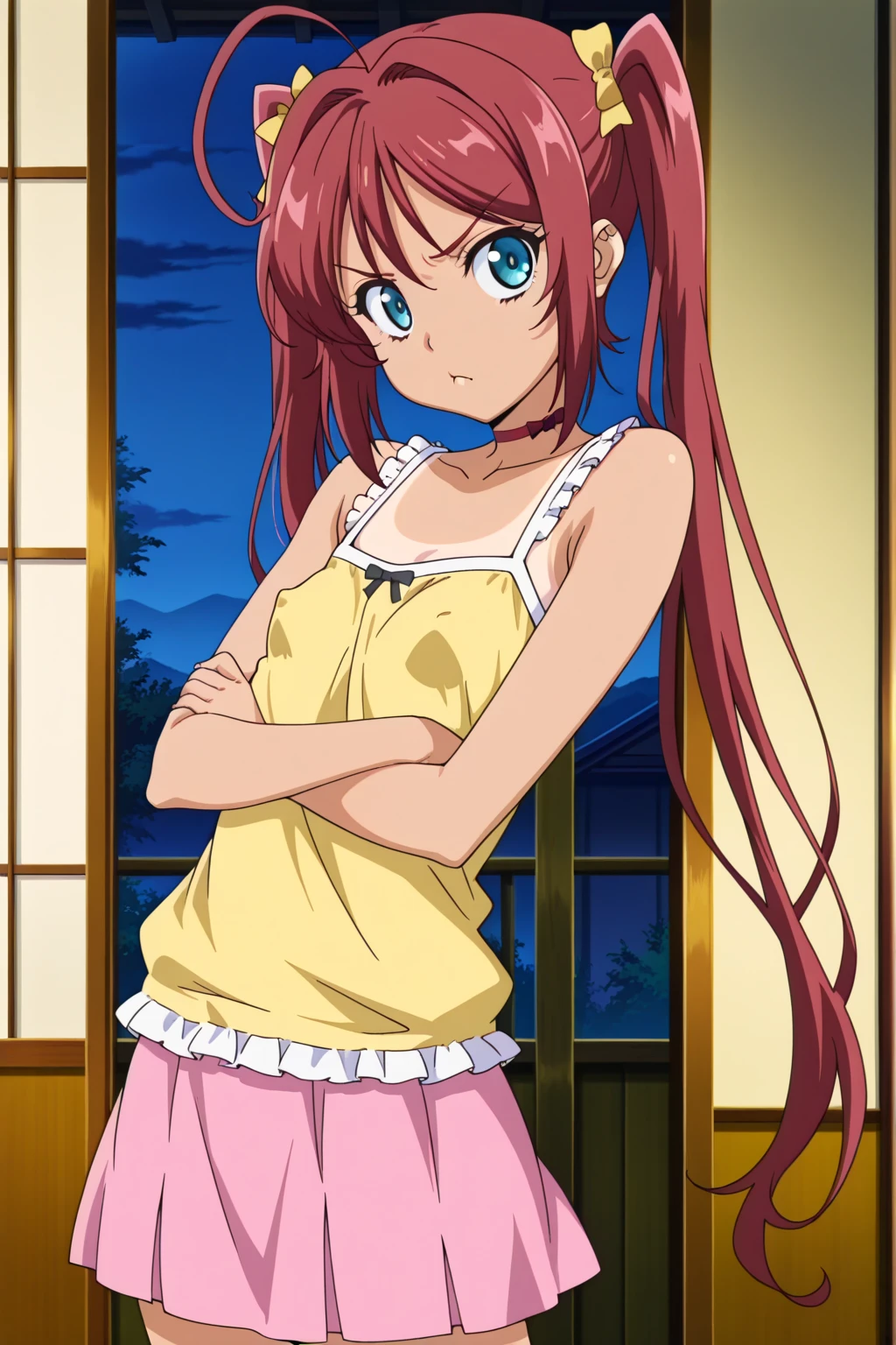 (masterpiece, best quality:1.2), highres, 1girl, solo, seductive smile,
Mao_Kimihoshi_V1, red hair, long hair, twintails, ahoge, blue eyes, hair ribbon, (one-piece tan:1.1), red choker,
yellow camisole, frills, collarbone, bare shoulders, pink skirt, pleated skirt, black thighhighs, zettai ryouiki, red footwear, pumps,
sitting, spread legs, knees up, hand between legs, covering crotch,
looking at viewer, facing viewer, head on,
<lora:add_detail_CyberAlchemist:0.4>, <lora:GoodHands-beta2:0.8>, <lora:MaoKimihoshiV1-000010:0.7>