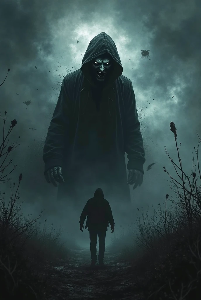 Generate an eerie and suspenseful AI artwork featuring a colossal, ominous entity looming behind a lone man. Picture the man in a tense stance, unaware of the menacing presence lurking in the shadows. Craft the mysterious entity with unsettling details, blending darkness and monstrous features. Consider the use of atmospheric elements like fog or dim lighting to enhance the suspense. Infuse the scene with a palpable sense of foreboding, leaving viewers on the edge of their seats. This prompt aims to create a chilling and captivating visual narrative, inviting viewers to explore the unsettling encounter between the man and the enigmatic, giant creepy entity that lurks ominously behind him