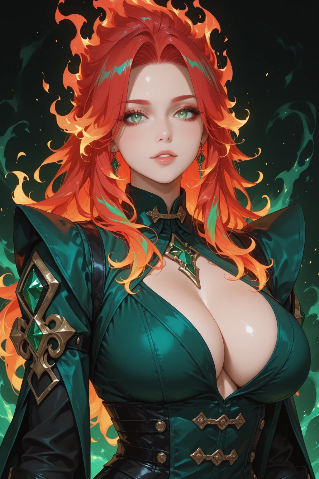 Masterpiece, Very detailed, ultra detailed, one, (1 woman), She is in jade armor in the form of a dress with orange details and in an elegant pose, super mature, tall, milf, mature mother, super long hair, orange hair and bangs in the sides, orange thin dragonic horns, beautiful, charming, reptiles bright fiery eyes, elegant, large breasts (huge, torn), cheerful breasts, lustful smile, charming, dark background, futuristic atmosphere on a huge fire and clouds background.