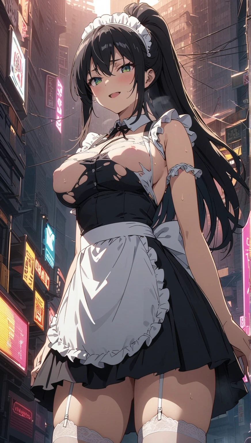 Masterpiece, Best Quality, perfect breasts, perfect face, perfect composition, UHD, 4k, full body, NSFW                                                                                                                                                                                                                             maid girl with extremely cute and beautiful black hair ,  large breasts pturned eyes ,beautiful detailed eyes,finely detailed beautiful eyes ,big highlight on eyes ,slanted eyes , fat , lustrous skin ,bright skin ,skin tanned,shiny skin,very shiny skin,shiny body,plastic glitter skin,exaggerated shiny skin,illuminated skin,wet legs , spider lower abdomen,narrow waist,wide hip,athletic body,inflated legs,delicate detailed fingers,detailed body,human hands,  detailed face , cute,slutty,seductive,erotic, nsfw , zettai ryouiki,  maid headdress ,maid uniform,Headdress, maid ,sleeveless,mini skirt,boots,cleavage cutout,bare legs,clothes with a lot of lace frills, wet clothes,detailed outfit,detailed clothes ,  dynamic pose ),solo focus,embarrassed,blush,sweat, tears,open mouth ,moist eyes, centered,scale to fit dimensions,Rule of thirds , cyberpunk city by the ocean at night, with bright neon signs and dark stormy clouds and puddles,

