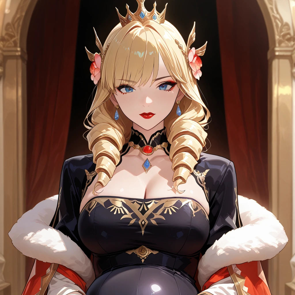 ((Highest quality)), ((masterpiece)), (detailed), (Perfect Face)、The woman is the evil queen Grimhild, Yuki Asuna, with bright brown hair in a semi-long style, wearing lipstick, thick eyeshadow, and heavy makeup.、The woman is dressed as an evil queen, wearing a black Victorian dress with luxurious gold embroidery and trim, a black cowl fitted over her face, luxurious earrings, adorned with lavish accessories, and a magnificent golden crown. She is a beautiful and evil queen, standing and reigning in front of a magnificent throne. She possesses majesty, elegance, and grace, with a stunning figure and a captivatingly alluring beauty, making her an absolutely stunning woman.