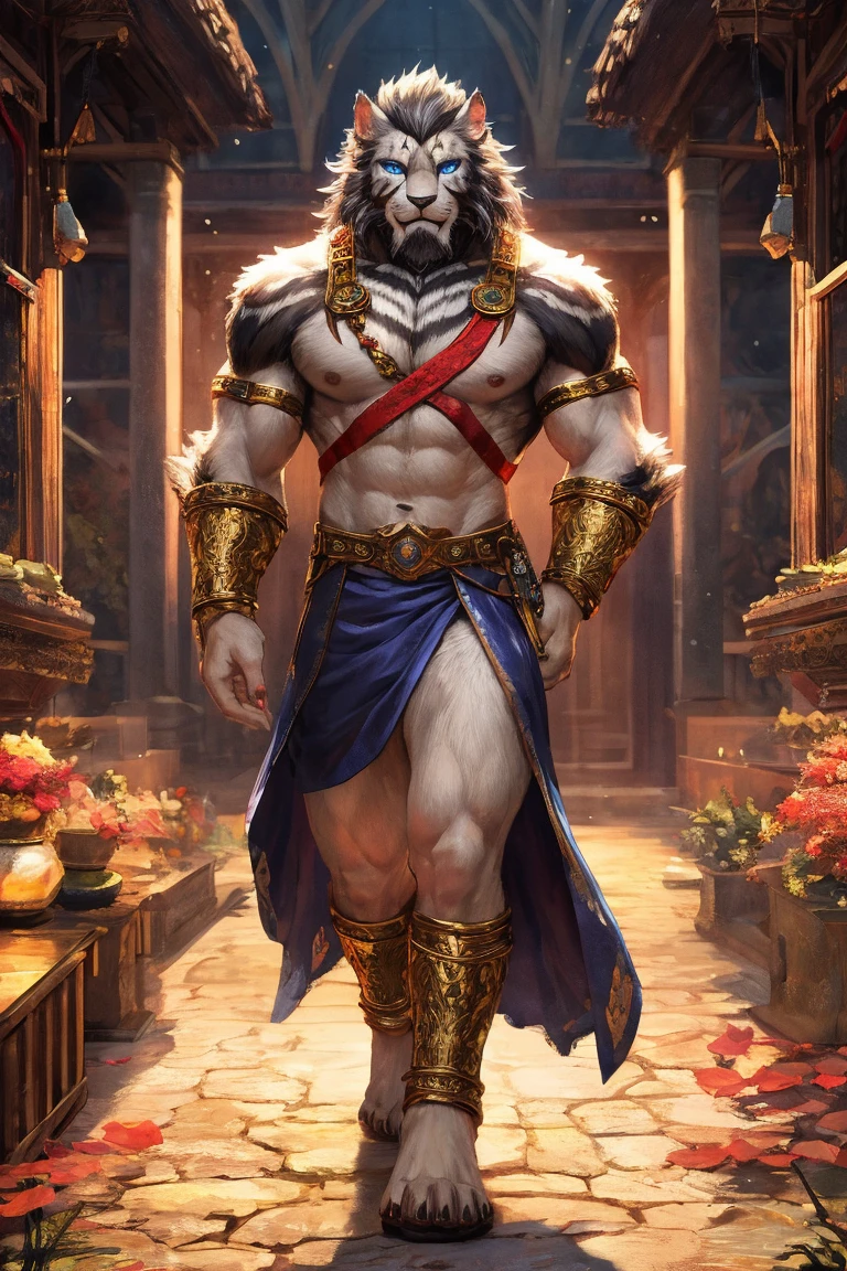 A muscular man is in a wonderland, 20yo, The emphasis is on the male body. Above his head is a halo surrounded by a white cloud and a golden sacred light., (his body is adorned with gold chains with precious stones), (A heavy belt with a band of gold underwear with sparkling gemstones). Voluptuous crotch. short black hair, big expressive eyes. A clock ticks in the distance. This scene looks like something out of the realm of fantasy or legend seen from above