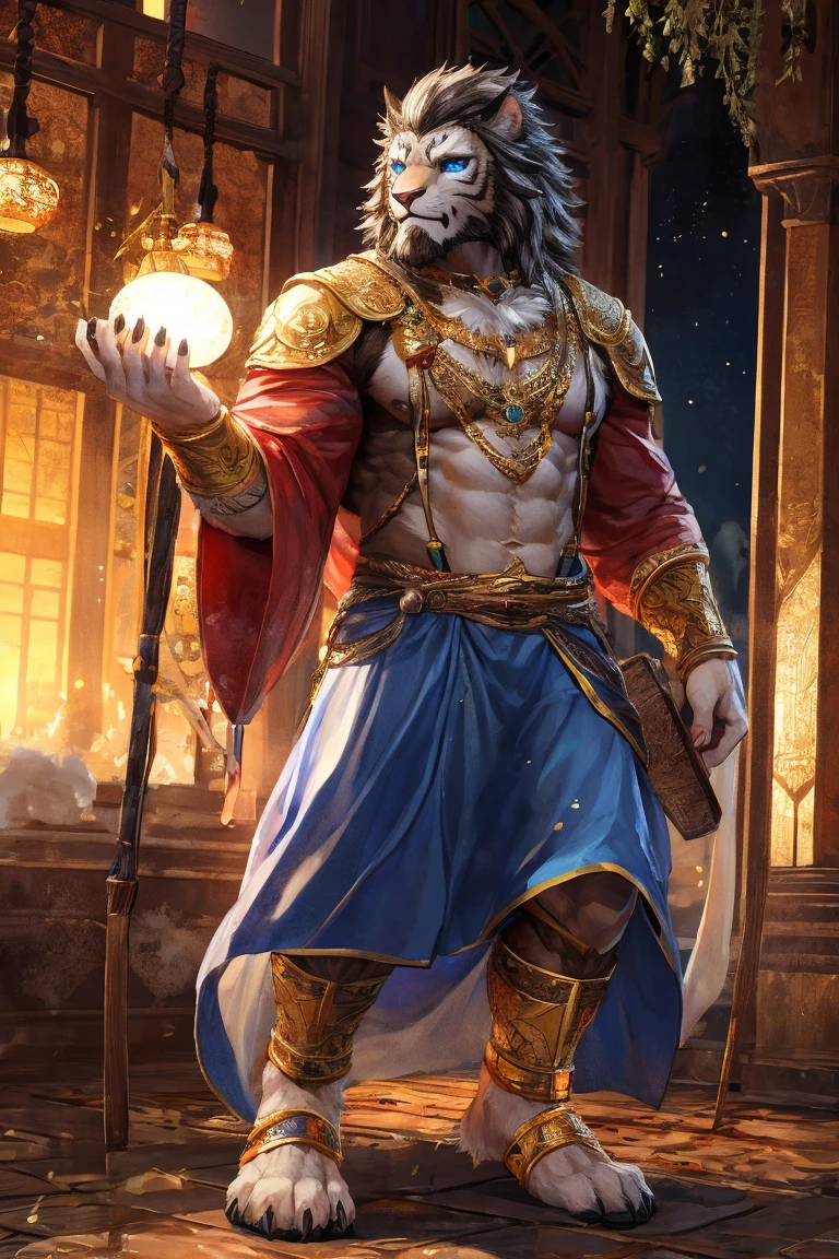 ox, white hair, tall, huge chest, king's clothes