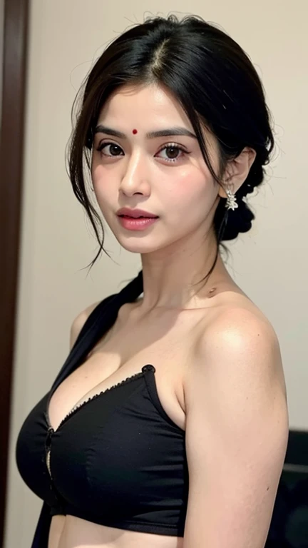 Sexy woman, MILF, neighbour, black hair in a bun, seductive eyes, blushing, seductive smile, amazing makeup, wearing a saree, lustful look, sultry pose
