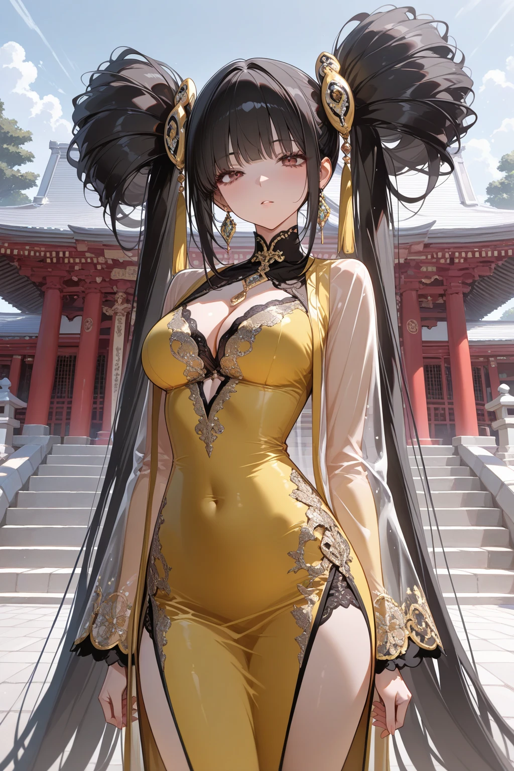 masterpiece,best quality,highres,ultra-detailed,aalingyin,long hair,twintails,hair ribbon,yellow ribbon,small breasts,bare shoulders,china dress,chinese clothes,short dress,cleavage cutout,sideboob,thighs,hands_on_hips,furrowed_brow,indoors,