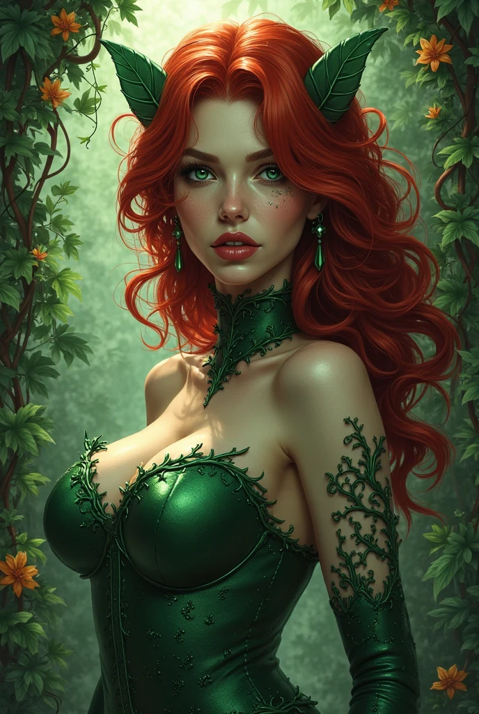 A full figure portrait, beautiful woman Poison Ivy of lust decolletage, long hair, skimpy silk robe, thron, enchanted aura, ray tracing, subsurface scattering, bokeh, gorgeous fantasy scenery, bright day, Painting by Harrison Fisher and WLOP, Artgerm, Alan Lee, expressive eyes, filigrees, (Carne Griffiths 0.6), (Sienkiewicz 0.4) cinematic lighting, highly detailed full body face and clothing. vibrant, wonderful, very stylish, glamorous, appealing, classy, majestic, stunningly beautiful