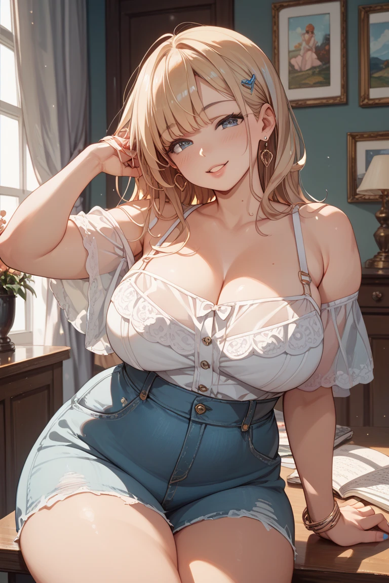 masterpiece、top-quality、detaile、1girl in、(a blond)、(a beauty girl)、cute little、(verd s eyes)、(Eye lashes)、(huge-breasted)、(cleavage of the breast)、(white shirt:1.2)、(Open Shirt)、sitting in the couch、abajour、window、natta、Delicate interior design、(bbw)