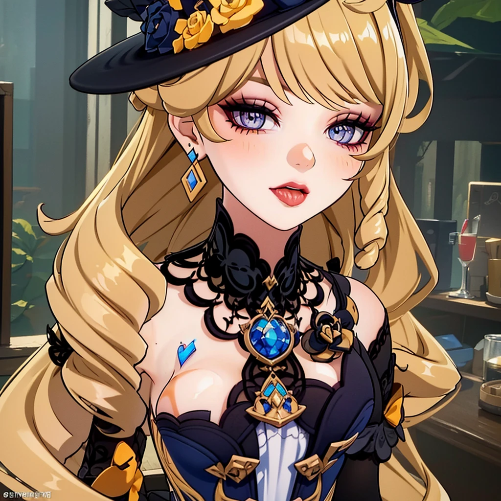 1girl, long hair,rose,decorations, blue eyes,big witch hat,blonde hair,bangs,upper body, looking at viewer,close up,braid,cleavage, genshin impact, indoors,