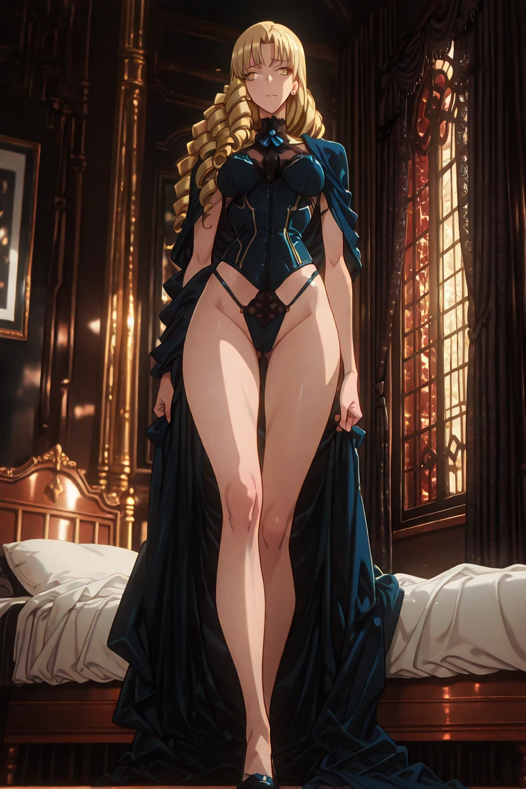 BREAK (masterpiece:1.2), best quality, high resolution, unity 8k wallpaper, (illustration:0.8), (beautiful detailed eyes:1.6), extremely detailed face, perfect lighting, extremely detailed CG, (perfect hands, perfect anatomy)mansion,bedroom,windows,candles,soft light,night,,fubuki, black hair, (green eyes:1.5), short hair,jewelry, necklace, off shoulder, taut bathrobe,stockings,neckline,cleavege,nipples see through,black stockings,luxury lingerie,sexy bra,sexy panties,showing panties,lace panties,showing legs,transparent lingerie,standing in front.