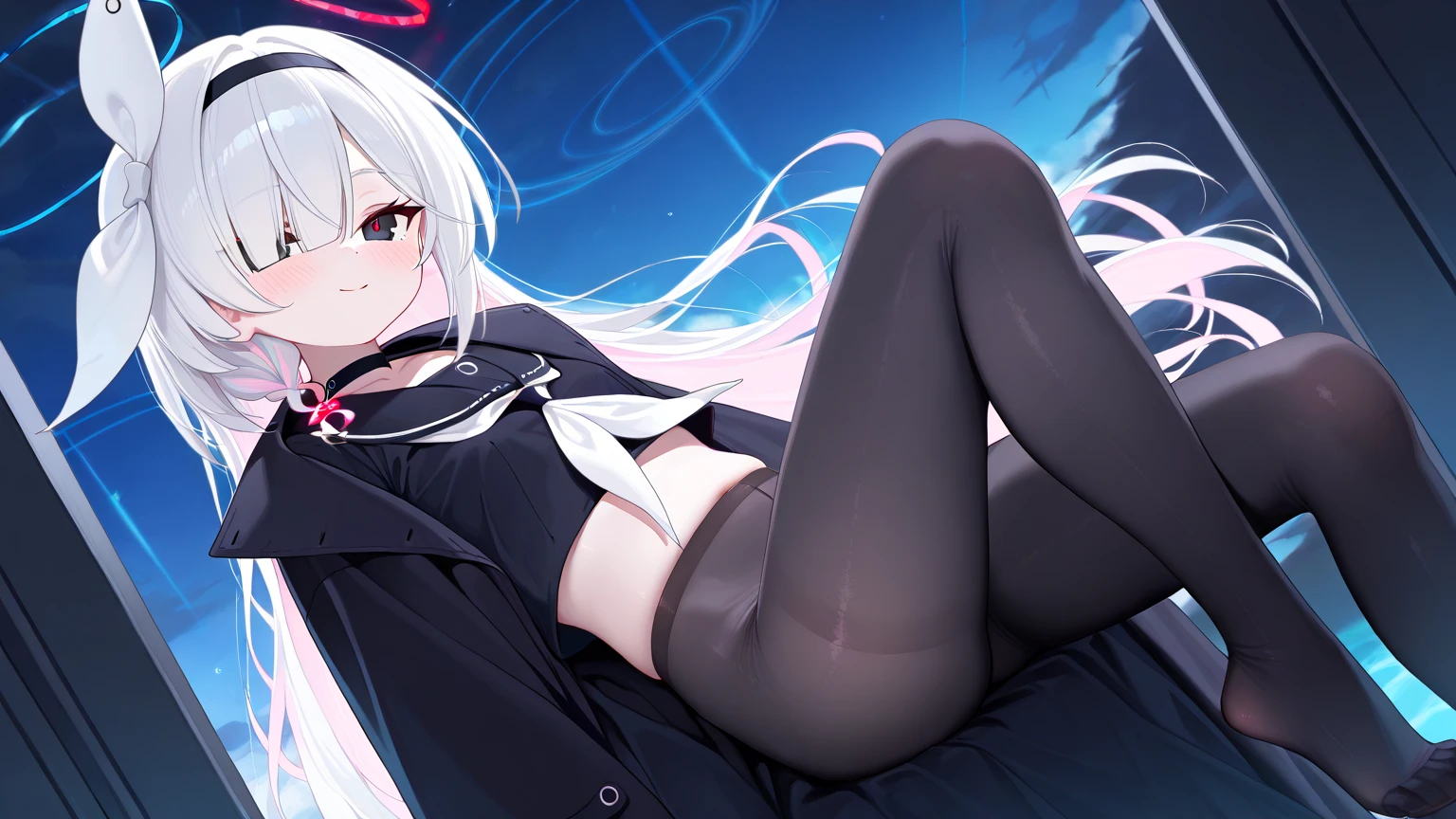 White color hair,Open the legs,black lence stockings