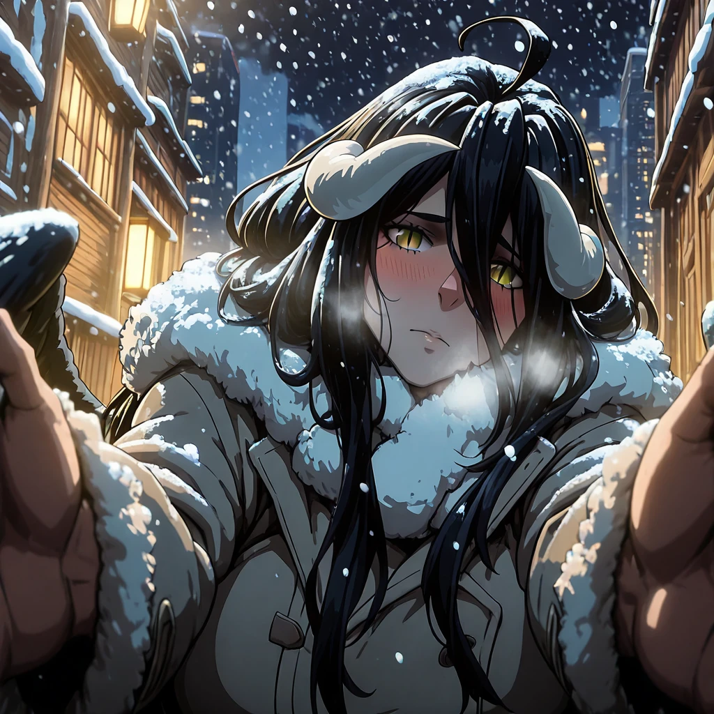 (packge-style:1.4), (tenako_(mugu77)-style:1.2), (mark_gavatino-style:1.2), ((anatomical correct)), ((Cinematic, unreal engine, eye-catching, ambient occlusion, UHD, masterpiece)), ((perfect lighting, soft shadow)), perfect body, perfect eyes, perfect fingers, gasping, heavy breathing, gasping profusely, ((skindentation)), ((curvy)), albedo \(overlord\), black hair long hair, bangs, demon horns, low wings, slit pupils, athletic body, (voluptuous:1.5), (mature female:1.5), ((vignetting)), 1girl, blush, scarf, looking_at_viewer, breath, solo, coat, night, embarrassed, fur_trim, snowing, winter_clothes, fur-trimmed_coat, outdoors, pov, jacket, city, cold, motion blur