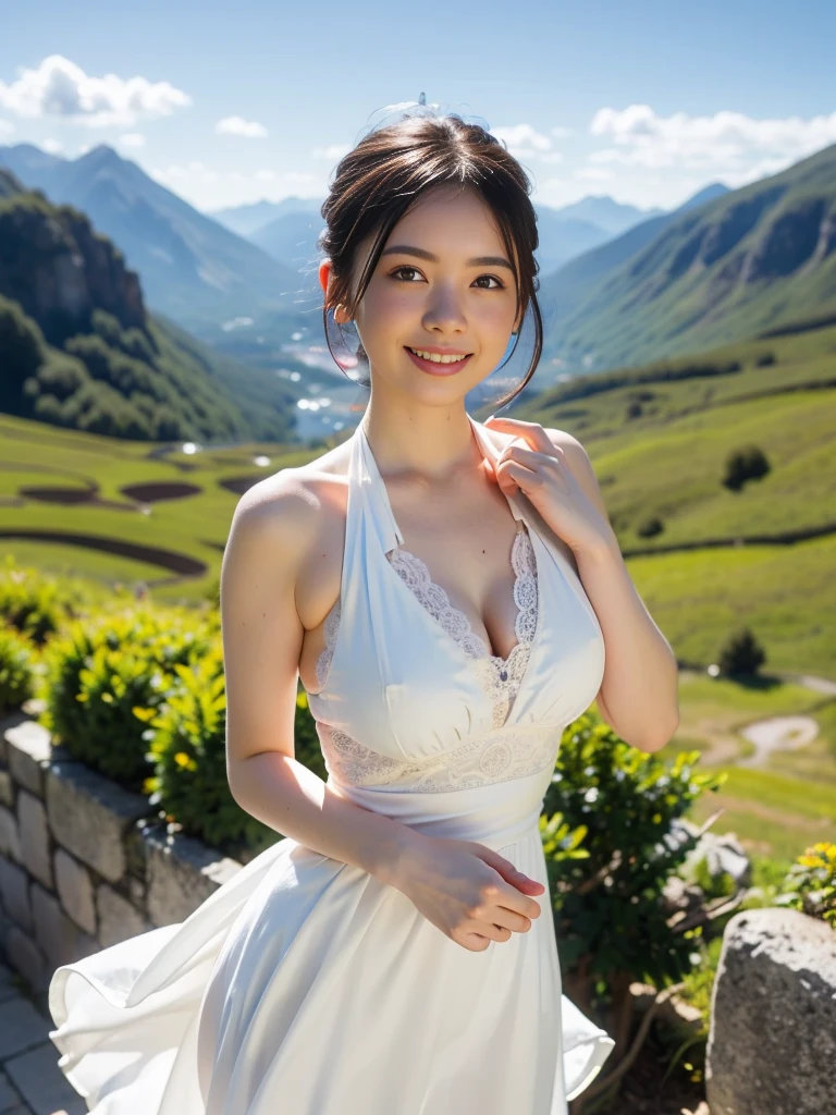 A girl in a skirt sits on a rock on the top of a mountain. In the distance is a grassland full of flowers, There is also a stream running through the grassland. At the foot of the mountain is a dense forest, Blue white clouds and fresh air, medium hair, hairpin, eyes closed, happy tears, Keep your mouth shut, Smile, smelling, light Smile, Cinema lighting, Surrealism, vanishing point, satelite imagery, Fuji Film, panoramic, from below, HD, 16k, high quality, Award-winning, best quality, high detail, Super details, precise, textured skin, anatomically correct, UHD