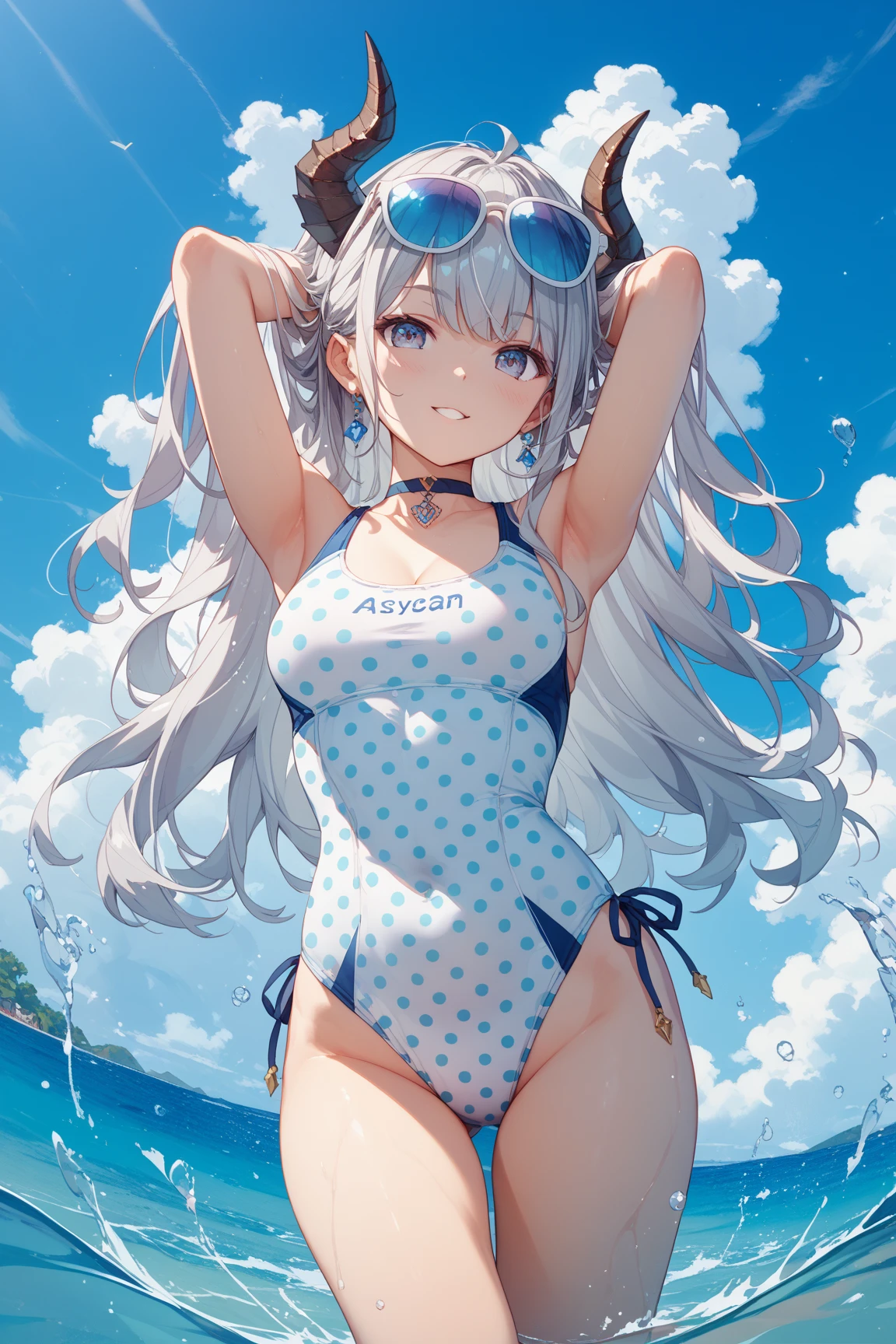 girl, hair ornament, gray hair, long hair, small breasts, thigh highs, on beach, sunglasses, fellacio gesture, tounge, saliva, tight clothes, presenting, smile, blush,