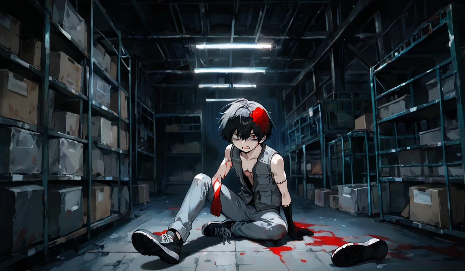(masterpiece, best quality, high quality, ultra detailed, highres), 1boy, the abandoned hospital room, ruin hospital room, distressed room, medical equipment, gloomy atmosphere, dark shadows, emphasized white hues, overhead lighting, detailed features, disheveled hair, distressed clothing, pale complexion, exhausted expression, anxiety and fear in his eyes, IV drip, many blood bags, monitor showing vital signs, shadows cast on the wall from window blinds, loneliness, despair, dusty floor