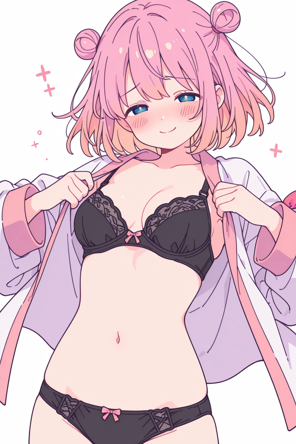Pink Hair, Pink Eyes、girl、Small breasts、Hair Bun、girl、Small breasts、Bright smile、Looks about 15 years old、Petan Musume、He is short、Eye highlights、Sexy thighs、In underwear、Wearing sexy underwear、Showing armpits