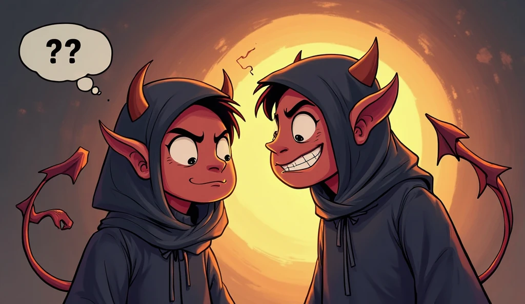(Full body characters) An oil painting of a normal cute young human boy and another cute boy with demon features, glowing red eyes and horns. Contrast between the boy innocent expression and the demon appearance. (The human boy is normal and the other is a demon)
The human boy shows a melancolic expression, and the little demon seems to be caring towards the boy.