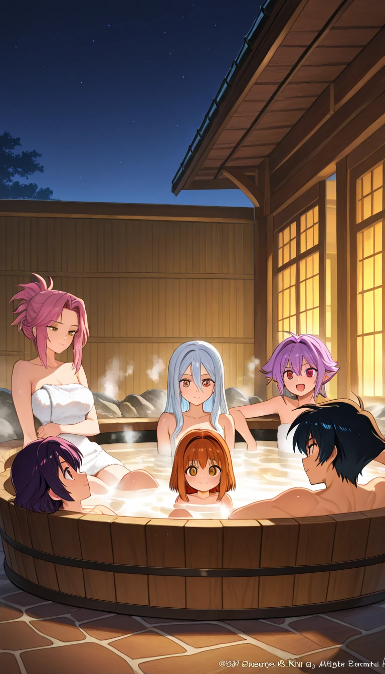 Three Elf two-dimensional beautiful girls,light blue hair,Hair style is twin tails,light blue eyes,white skin,breast, beatiful nipple, smile,Thick body type,Hot spring,bathing naked, bear shoulders and arms, bear upper half of body, lower half of body is in the water, sitting, looking at viewer, blush, smile, open mouth, bangs, hair between eyes, outdoors, day, water, tree, streaked hair,cherry blossoms, onsen,no-wearing, no-swimwear, no-underwear