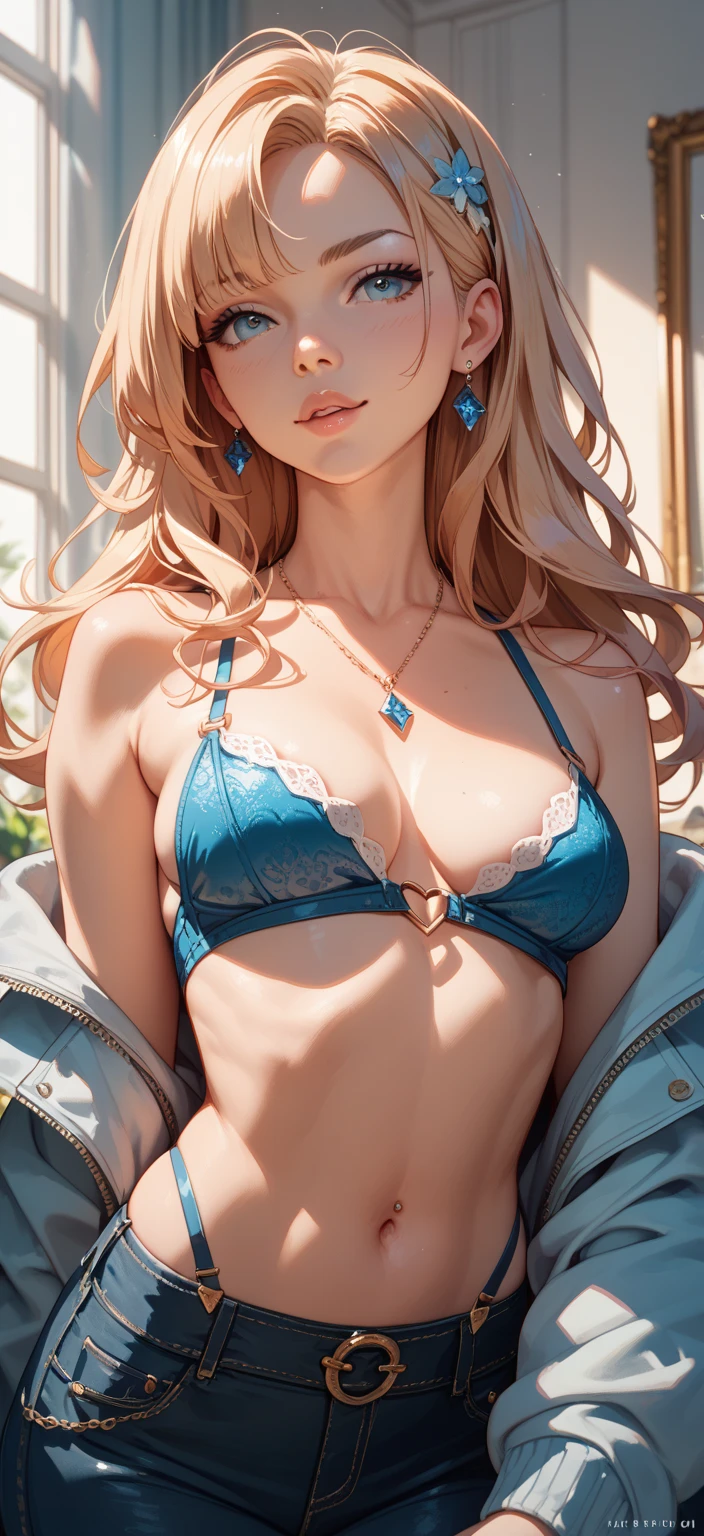 masutepiece, Best Quality, the Extremely Detailed CG Unity 8K Wallpapers, Sexy Santa Claus , Long dark blonde wavy hair、, Big necklace、耳环、Medium milk, , Emphasis on the chest, Blushing, Shy laughter, 、、a luxury hotel room、、Very embarrassing panic smile, 、(opens legs、Blue bra、Touch your chest with both hands、blue and black lace panties、lying on the bed、Kamimei)、