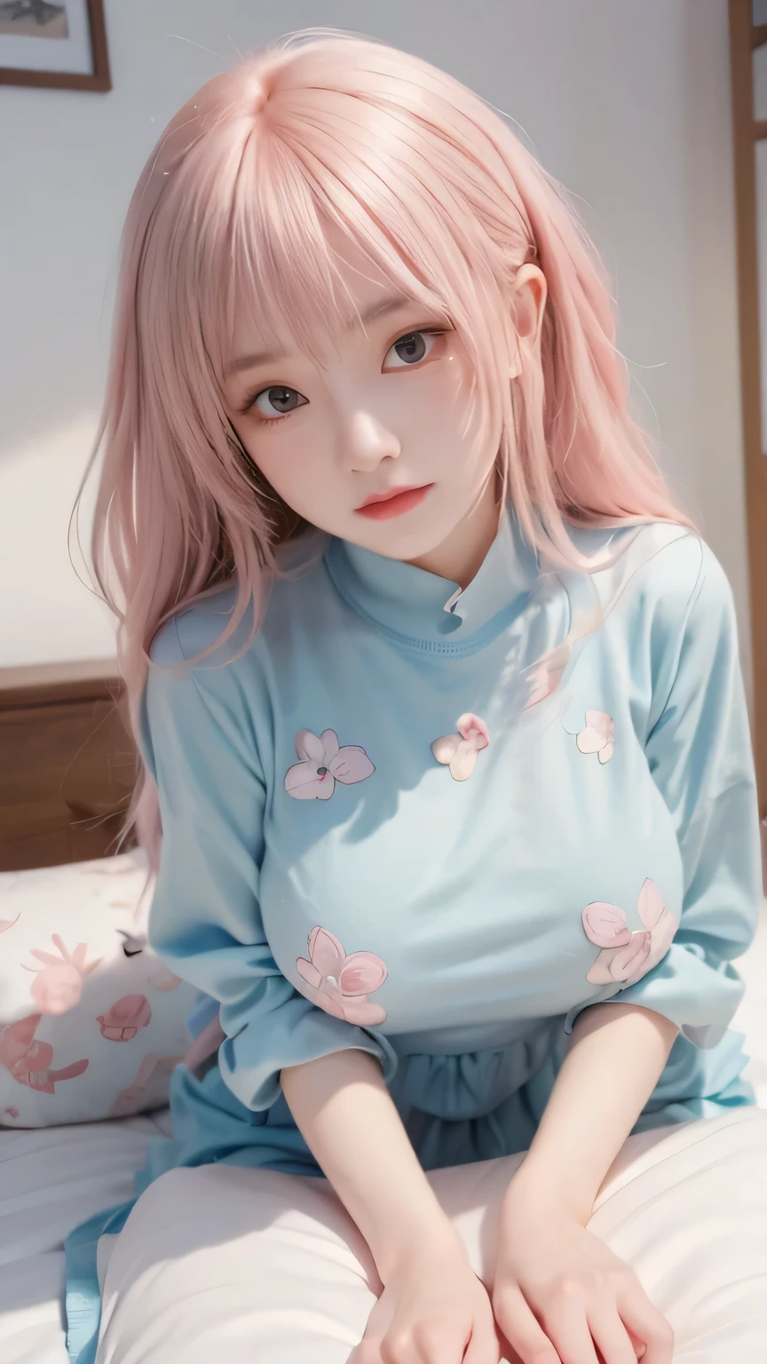 pink haired anime girl lying in bed wearing a blue shirt, charming anime girl, cute anime girl, Detailed Digital Animated Art, cute realistic portrait, Soft Animated Illustrations, Gwyds, do, best anime 4K Kona-chan wallpaper, Beautiful Anime Girls, artwork in the style of Gwyds, holding a camera and taking pictures smooth animated CG art, (Detailed Handshake:1.3, Perfectly Right Hands:1.3), (Detailed Eyes and Faces:1.2), (perfect anatomy), (top quality, best quality, 傑do), photoreality, Ultra High Definition