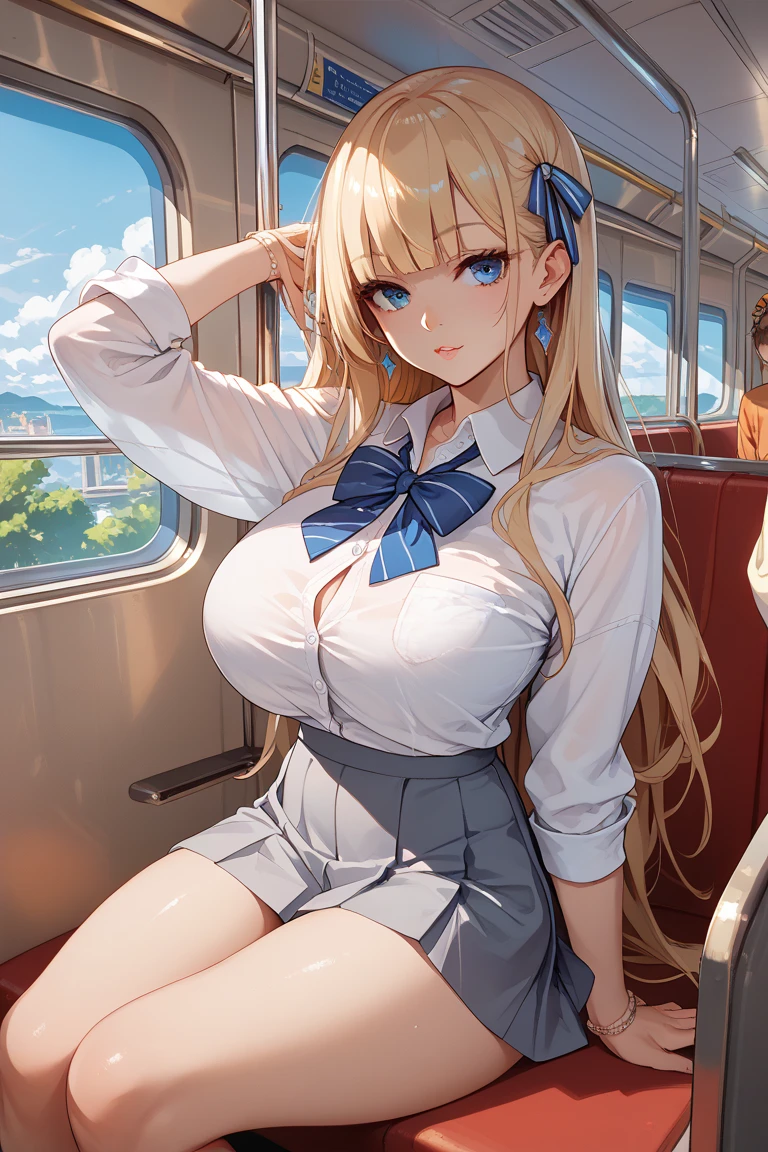 highest quality,wonderful,finely,Very detailedな CG ユニティ 8k 壁紙、(Several salarymen are sitting on the train:1.3),Station platform、whole body, (Sailor suit), (See-through underwear:1.3),(Butt crack:1.2),(Black Stockings:1.1),(Thighs:1.2),(Hip close-up shot:1.2),(1 on all fours.5)、(Open your ass yourself:1.4), (highest quality:1.2, Anime artwork, Very detailed, High detail, digital coloring, High Contrast, masterpiece:1.2, highest quality, Best aesthetics), (((kitagawa marin, 1 girl))), Blonde Hair, Straight Long Hair, Pink gradient hair, Red eyes, Earrings, White shirt, Black choker, Blue tie, Check skirt, Wet vagina、Semen overflowing from the vagina、Open your mouth wide、Sticking out your tongue