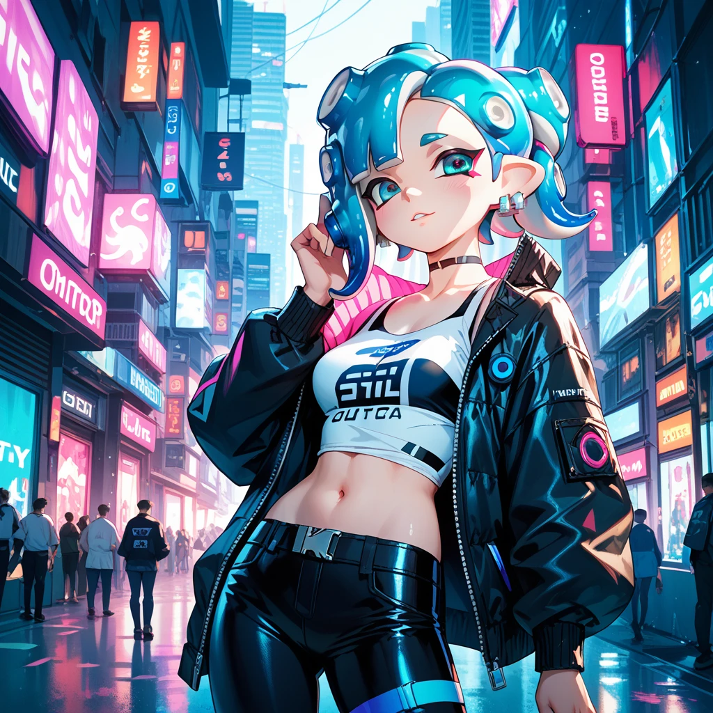 cyberpunk, thin waist, super detail, masterpiece, high quality, cyberpunk city background, chloe price, blue hair, brown eyes, beanie, choker, tuttos,