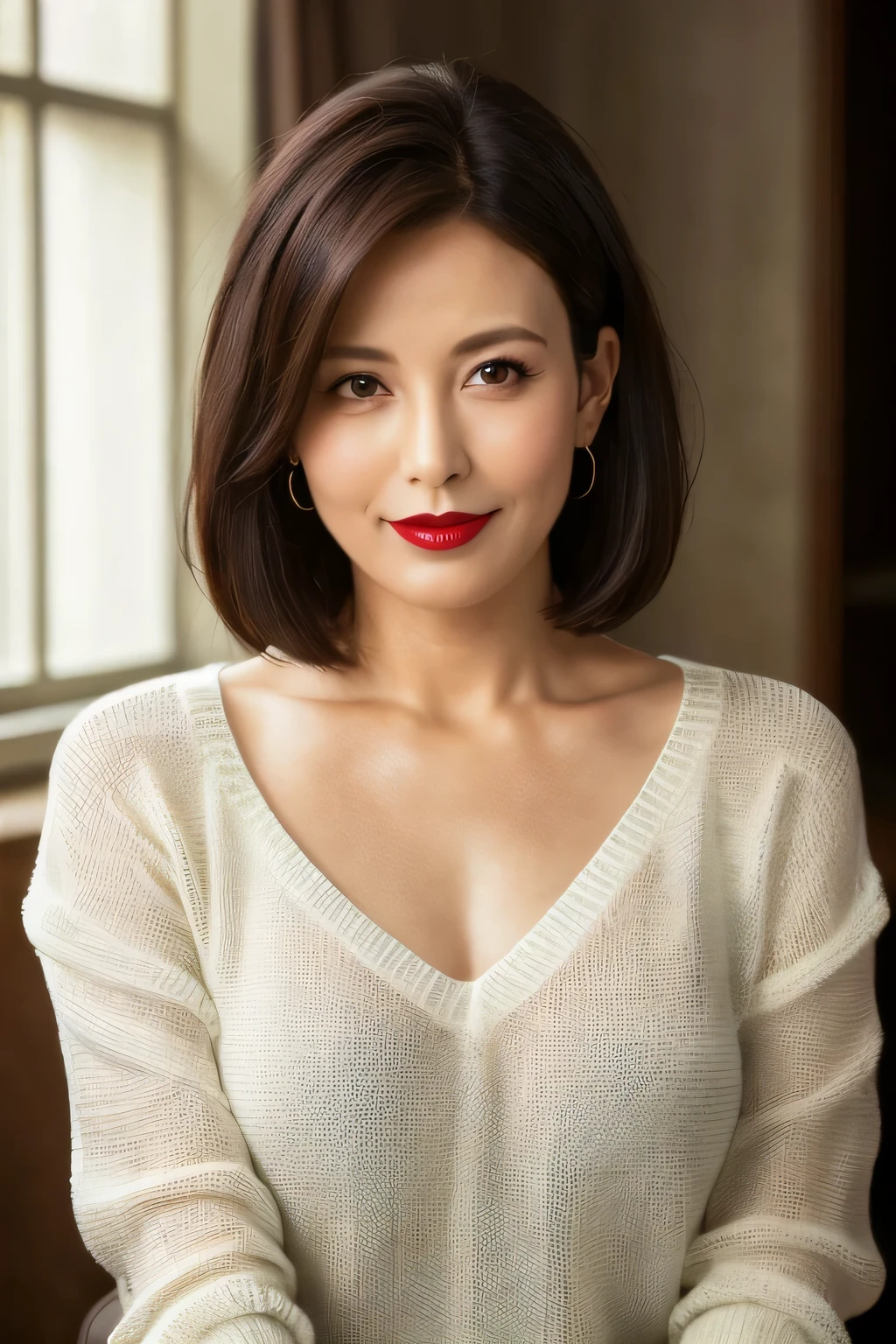 table top, top quality, realistic, Very Detailed, fine, high resolution, 8K Wallpaper, Original photo, professional shooting, depth of field, one mature woman sleeping, Bedroom, (red lips), ((looks at the camera)), upper body, short hair, bob hair, (straight hair), V-neck sheer knit sweater that shows through small, well-groomed breasts, I can see through my small, well-groomed breasts, Chest Valley, ((plain background))