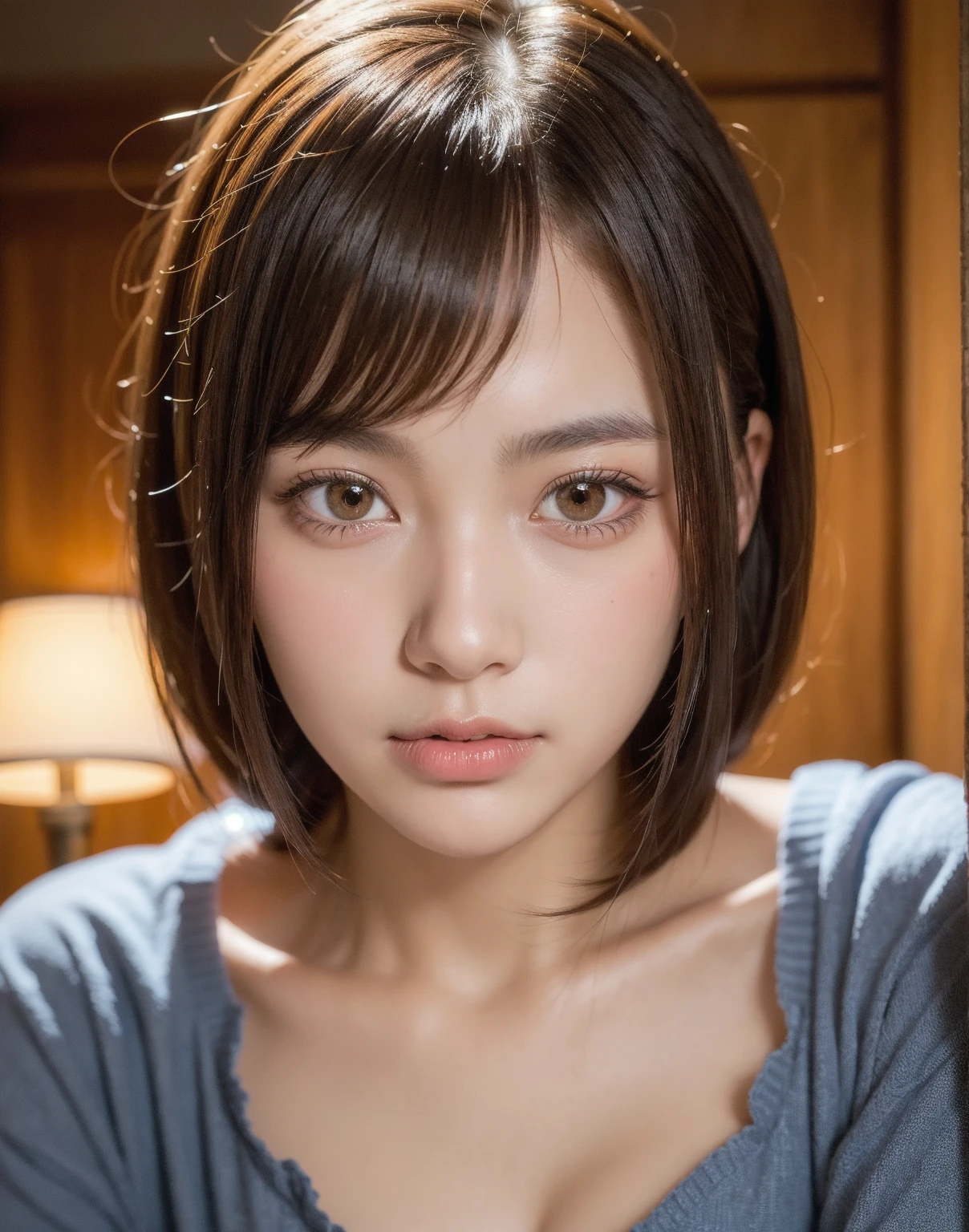 highest quality, Face Focus, Soft Light, Ultra-high resolution, (Realistic:1.4), RAW Photos,
1 Japanese girl, alone, cute, (pupil, Light in your eyes),  Beautiful face in every detail, ,(High resolution detail of human skin texture),
(bob cut),
indoor,On the bed、Luxury hotel bedroom
, camisole、see-through、sheer、strap slip、
(Portraiture)、embarrassed、blush
