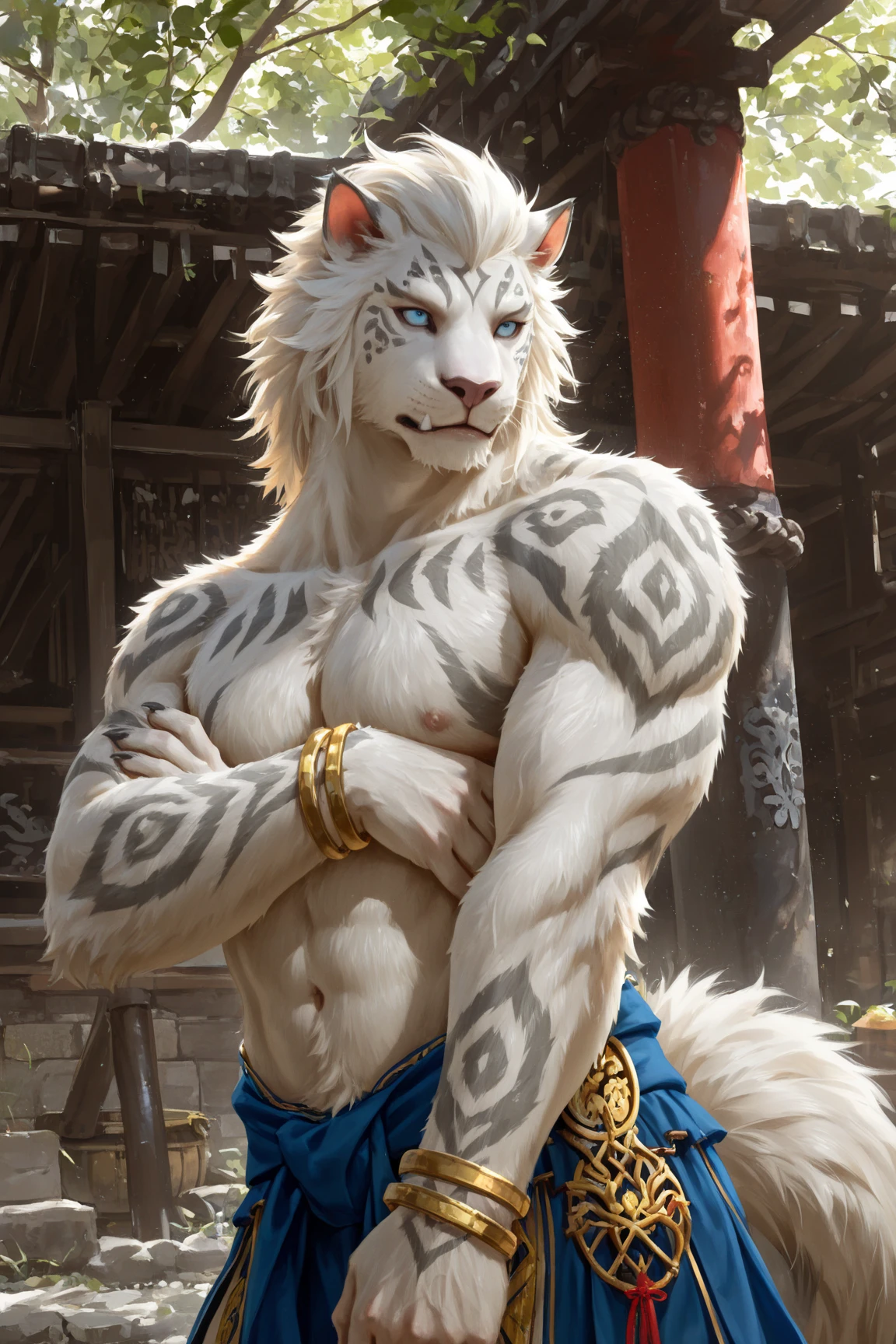 (by hioshiru and kenket and dimwitdog, Michael & Inessa Garmash, Ruan Jia, Pino Daeni, Chunie), suggestive, slim hunk, solo, male, (muscular anthro tiger), (white fur:1.5), ((intricate detail fluffy fur texture)), mane, pinup, (brown eyes), fantasy, desert background, loincloth, chest tuft, ((clothed)), digitigrade, (tail), handsome, cinematic, solo, (muscle), (shaded), (detailed eyes):1.2, ((bust portrait)), ultra realism shading