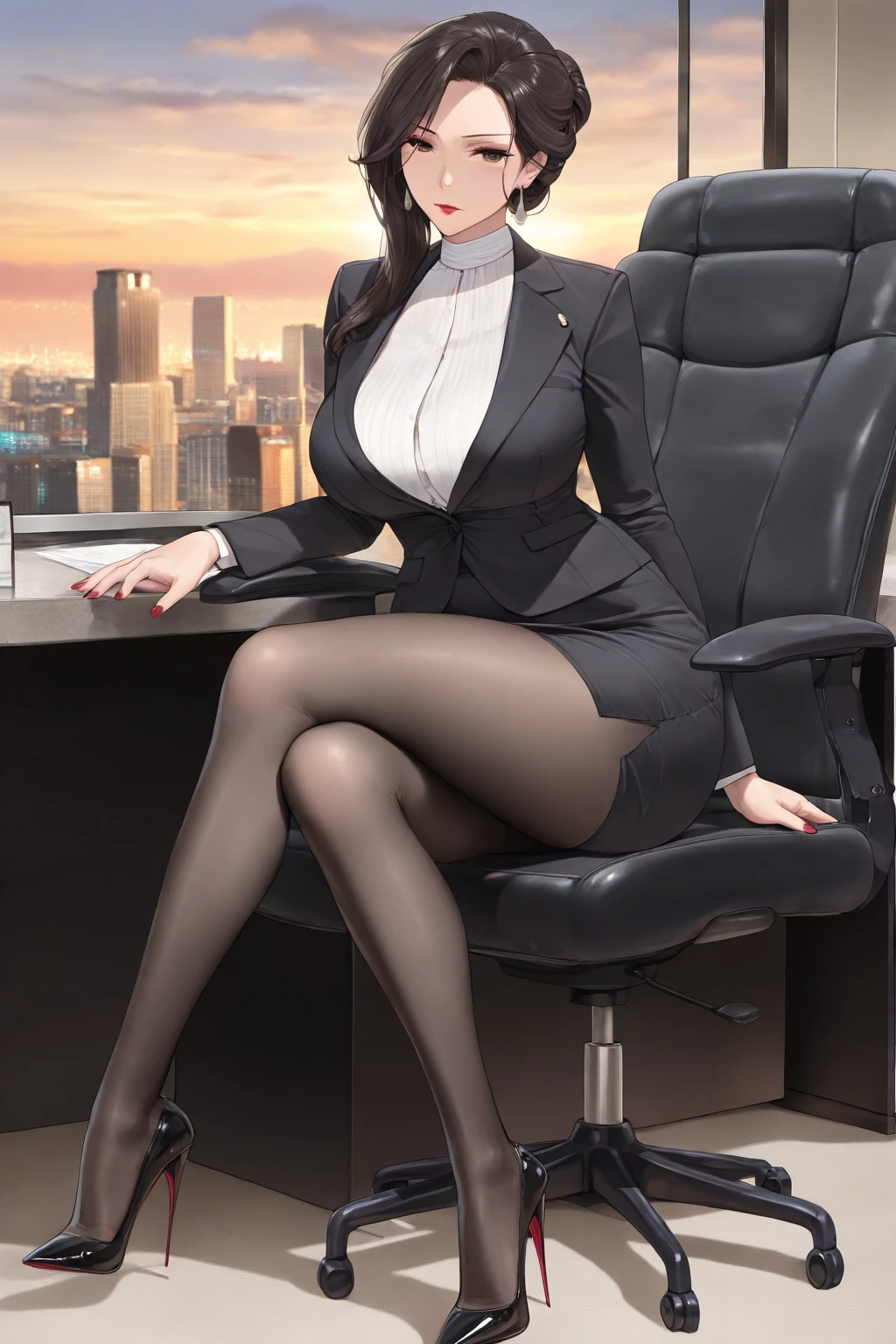 A mature woman with a secretary outfit in a professional office environment, sitting at a sleek desk. She has beautiful, detailed eyes and lips. The office is well-lit with natural light coming from a large window. The woman is holding a stack of important documents and she is focused, with an air of confidence and determination. Her outfit consists of a crisp white blouse, a fitted black pencil skirt, and high heels. The room is decorated with modern artwork and plants. The overall color tone is vibrant with a touch of sophistication. The image quality is of the highest standard, with ultra-detailed textures and sharp focus. The style of the artwork is a combination of a realistic portrait and concept art. The lighting creates a sense of depth and dimension, emphasizing the woman's features and creating an atmosphere of professionalism and success.