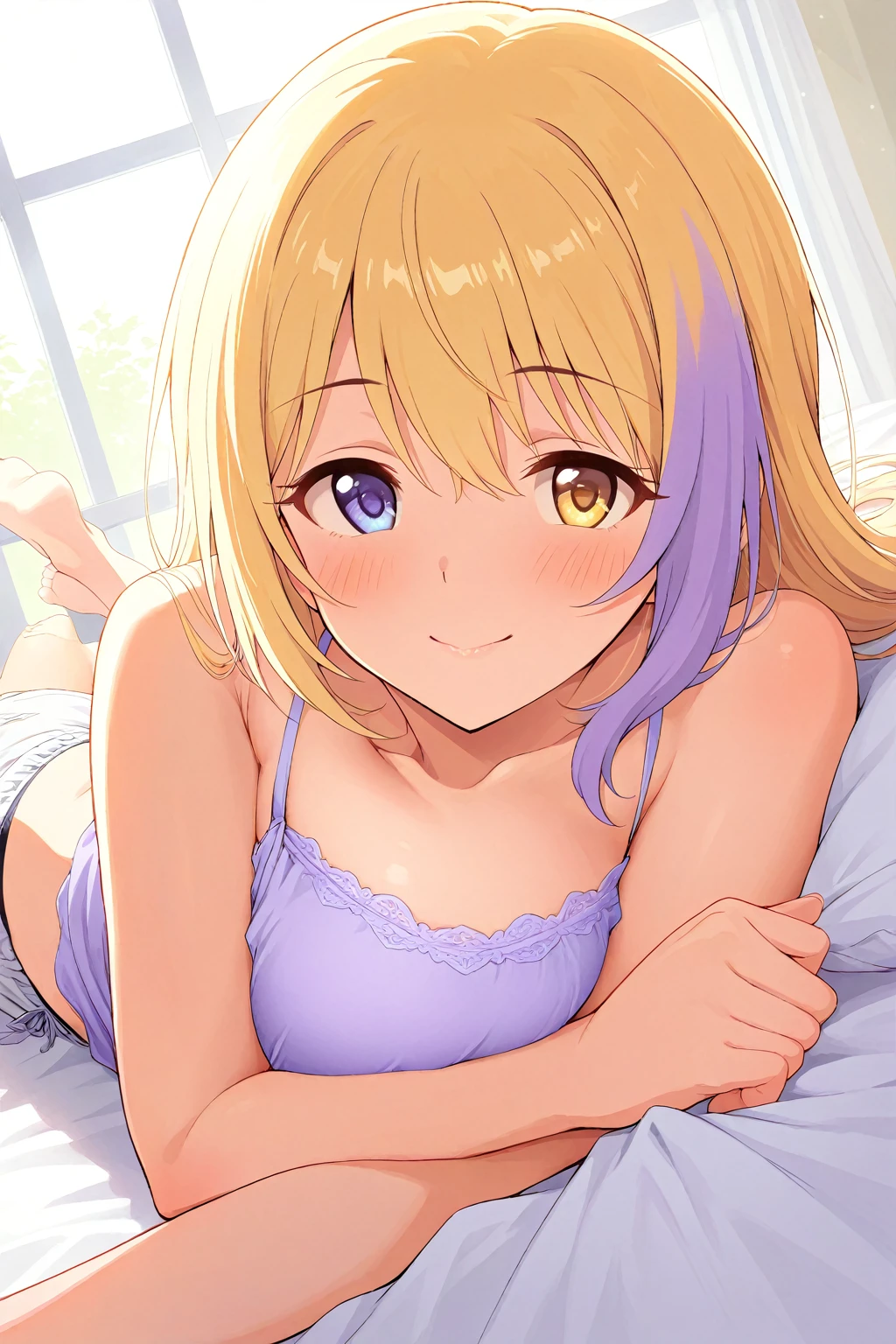 score_9, score_8_up, score_7_up, 1girl, solo, indoors, bedroom, tomboy, shy, blush, gyaru, standing, choker, looking to the side, big breasts, wide hips, medium long hair, (blush), tall, lying in bed, legs coverd with blanket, view from side, shy smile, lazing around on a bed, on top of a bed, wearing bra, panties, (5fingers),