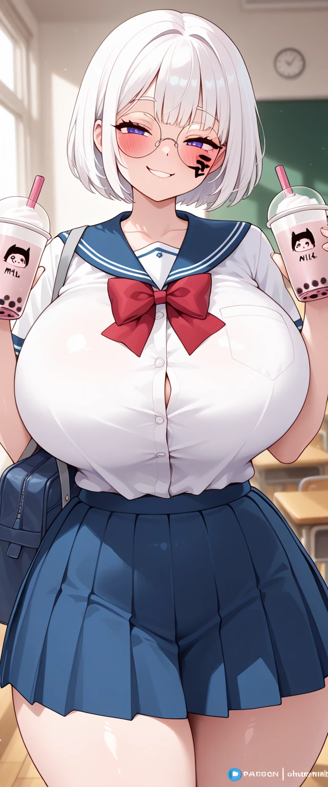 (NSFW: 1.5), crazy_eyes, (Masterpiece, Precision, Premium Quality:1.3), Alone, One Girl, Black Hair, Ponytail, (blue Track Jacket), Red Eyeshadow,Red Eyeliner:1.2,(red eyes),Black wings extending from the waist, Nipples exposed,looking at the camera, (gigantic breasts:1.3), (Colossal tits:1.3), (See-through), (Long Breasts:1.4), Expressionless, halo , Sweating profusely, Lower grade，hi-school girl，Open your crotch，Slut，Show off，frontage,((1girl in,Alone))、brightly lit room, Very Short Length white shirts,((Lactation:1.8)),from front,((
Lactating in Cup:1.3))