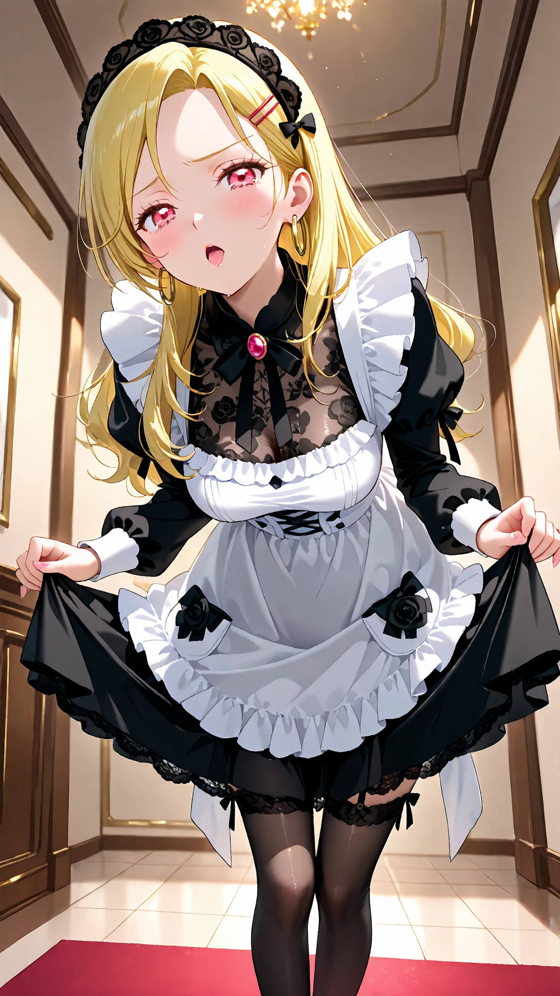 NSFW,masterpiece,Highest quality,High resolution,Super detailed,oshino shinobu \(Bakemonogatari\),Golden Eyes,Blonde,Long Hair,Quality maid clothes,Off the shoulder,cropped,Micro Mini Skirt,stockings,garter belt,Luxurious mansion,patience,Embarrassed,fear,blush,Leg spread,orgasm,Climax,(Squirting),Roll your eyes、squint,One man,Having sex,Creampie,
