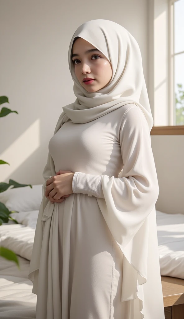 Girl, medium boobs, hijab, long dress, red and white, lingerie, candy, Christmas, santa, white liquid