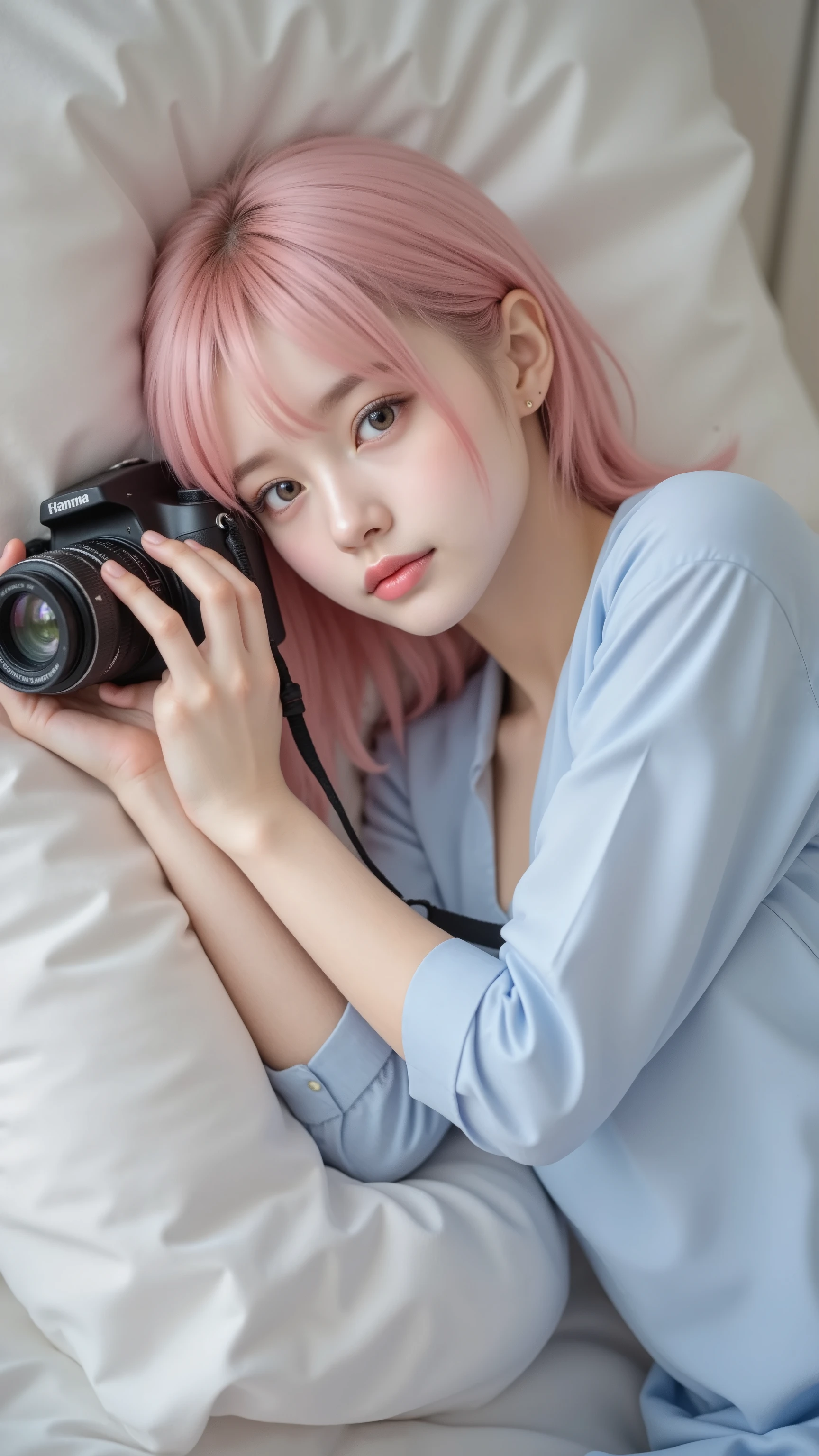 pink haired anime girl lying in bed wearing a blue shirt, charming anime girl, cute anime girl, Detailed Digital Animated Art, cute realistic portrait, Soft Animated Illustrations, Gwyds, do, best anime 4K Kona-chan wallpaper, Beautiful Anime Girls, artwork in the style of Gwyds, holding a camera and taking pictures smooth animated CG art, (Detailed Handshake:1.3, Perfectly Right Hands:1.3), (Detailed Eyes and Faces:1.2), (perfect ), (top quality, best quality, 傑do), photoreality, Ultra High Definition