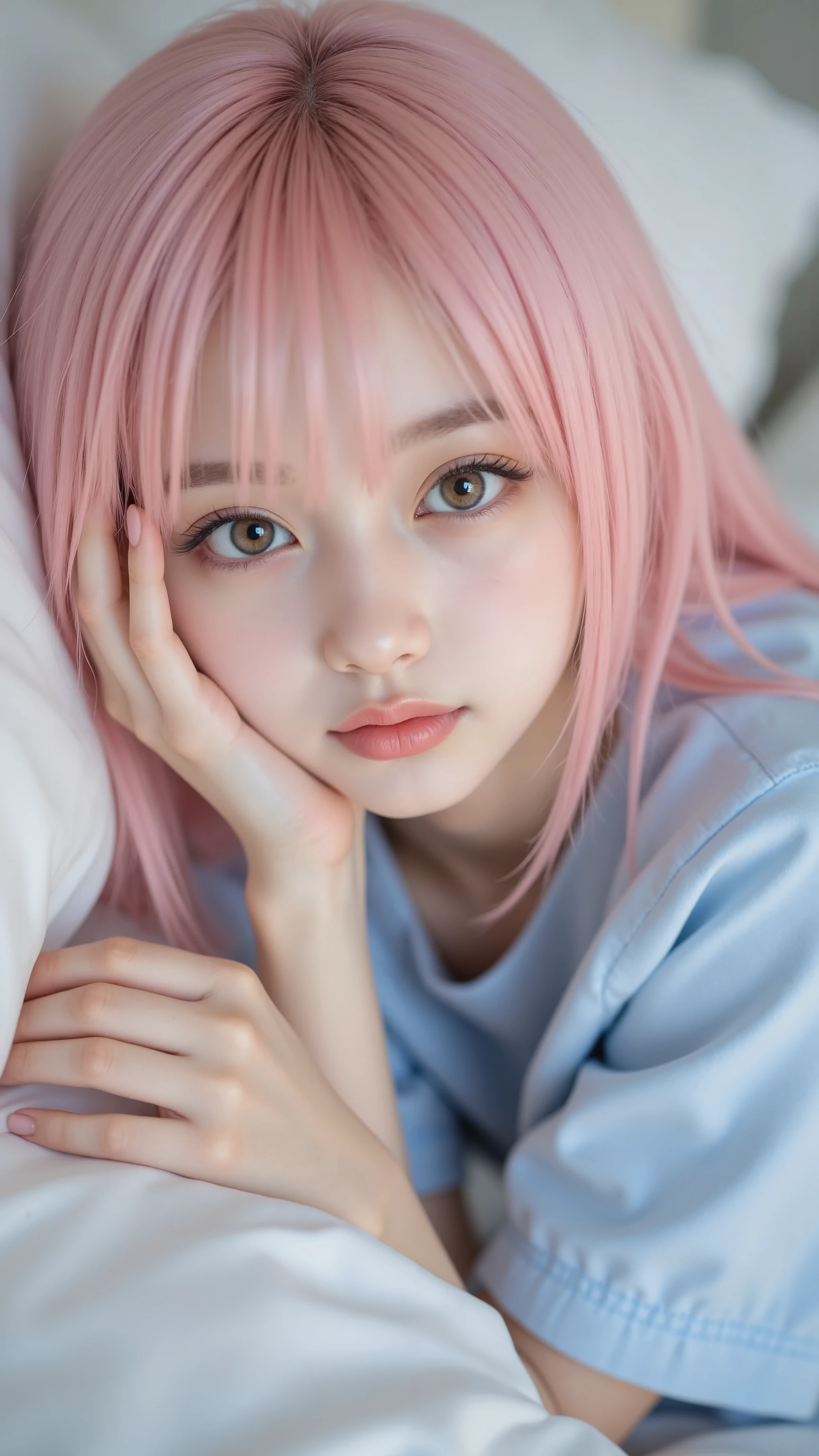 pink haired anime girl lying in bed wearing a blue shirt, charming anime girl, cute anime girl, Detailed Digital Animated Art, cute realistic portrait, Soft Animated Illustrations, Gwyds, do, best anime 4K Kona-chan wallpaper, Beautiful Anime Girls, artwork in the style of Gwyds, holding a camera and taking pictures smooth animated CG art, (Detailed Handshake:1.3, Perfectly Right Hands:1.3), (Detailed Eyes and Faces:1.2), (perfect ), (top quality, best quality, 傑do), photoreality, Ultra High Definition