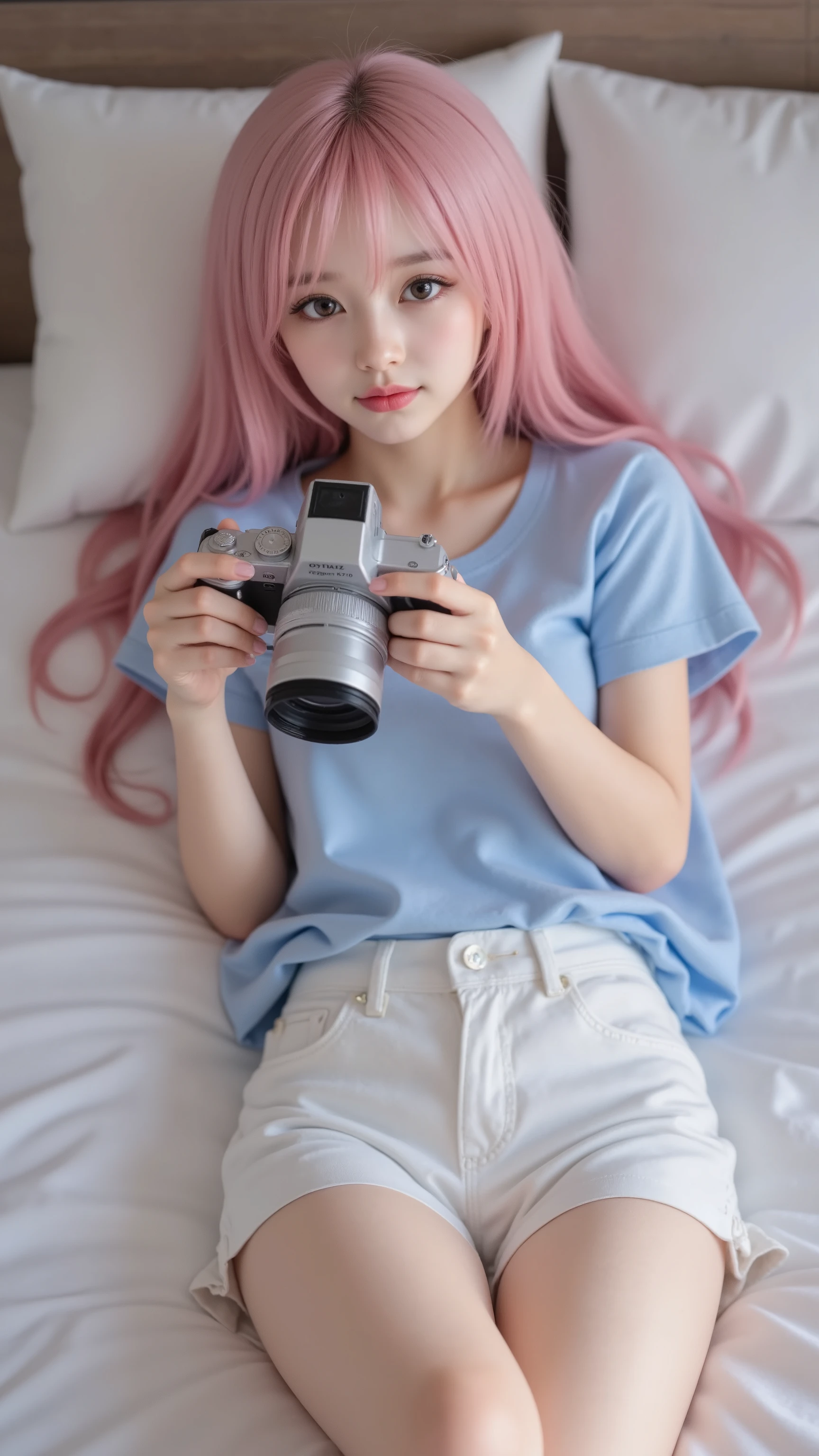 pink haired anime girl lying in bed wearing a blue shirt, charming anime girl, cute anime girl, Detailed Digital Animated Art, cute realistic portrait, Soft Animated Illustrations, Gwyds, do, best anime 4K Kona-chan wallpaper, Beautiful Anime Girls, artwork in the style of Gwyds, holding a camera and taking pictures smooth animated CG art, (Detailed Handshake:1.3, Perfectly Right Hands:1.3), (Detailed Eyes and Faces:1.2), (perfect ), (top quality, best quality, 傑do), photoreality, Ultra High Definition